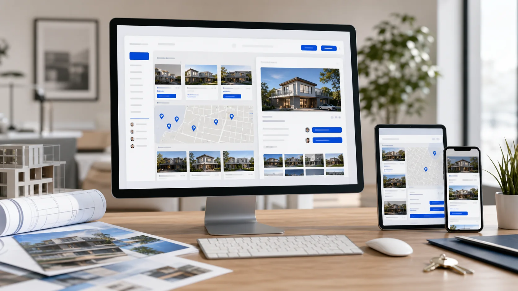Pantalla o composición visual mostrando servicios, fotos, ubicación, contacto, propuesta comercial y estructura de inmobiliarias y propiedades de forma clara.