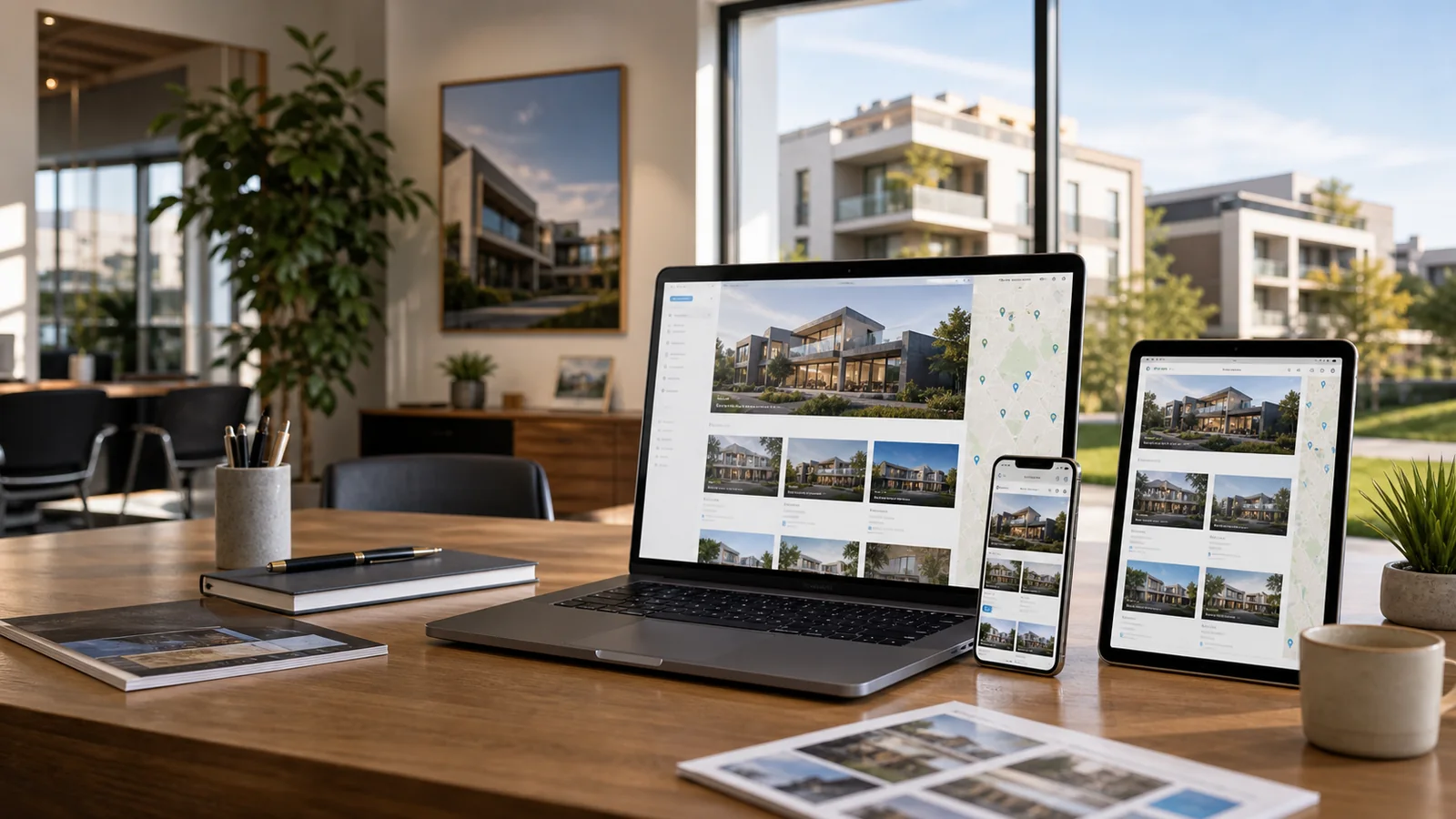 Mockup comercial premium para la sección hero de inmobiliarias y propiedades: computadora, tablet y teléfono mostrando una web del rubro, fondo realista del contexto.