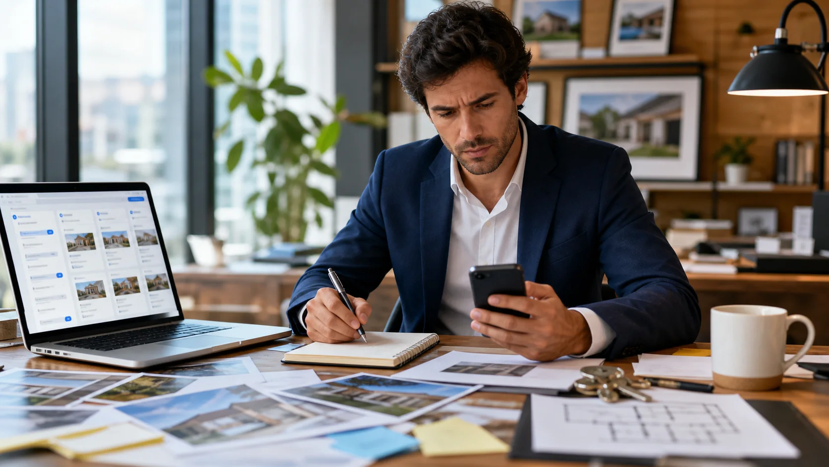 Persona o equipo de inmobiliarias y propiedades gestionando consultas, turnos, reservas, pedidos, presupuestos o mensajes desde notebook/celular.
