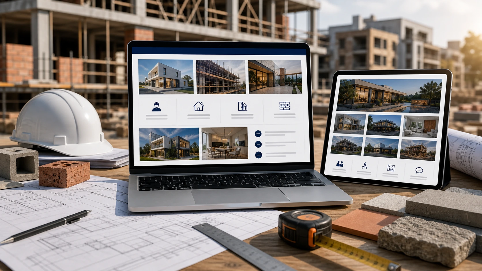 Pantalla o composición visual mostrando servicios, fotos, ubicación, contacto, propuesta comercial y estructura de maestro mayor de obra de forma clara.