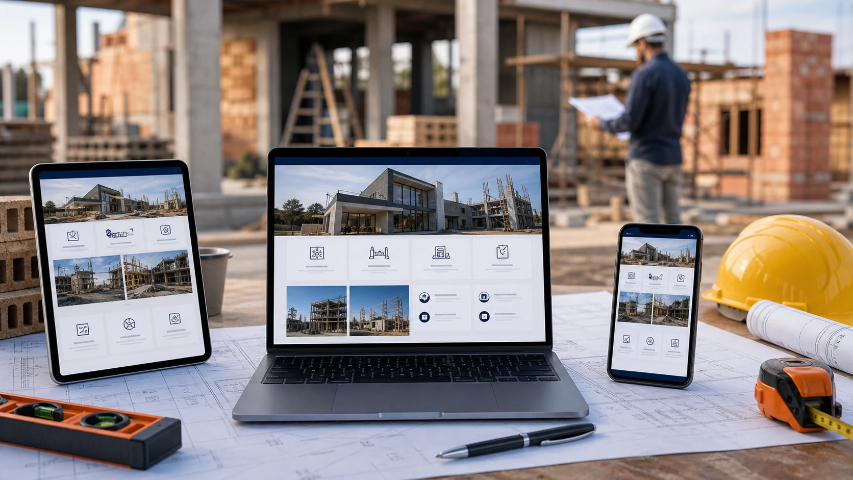 Mockup comercial premium para la sección hero de maestro mayor de obra: computadora, tablet y teléfono mostrando una web del rubro, fondo realista del contexto.