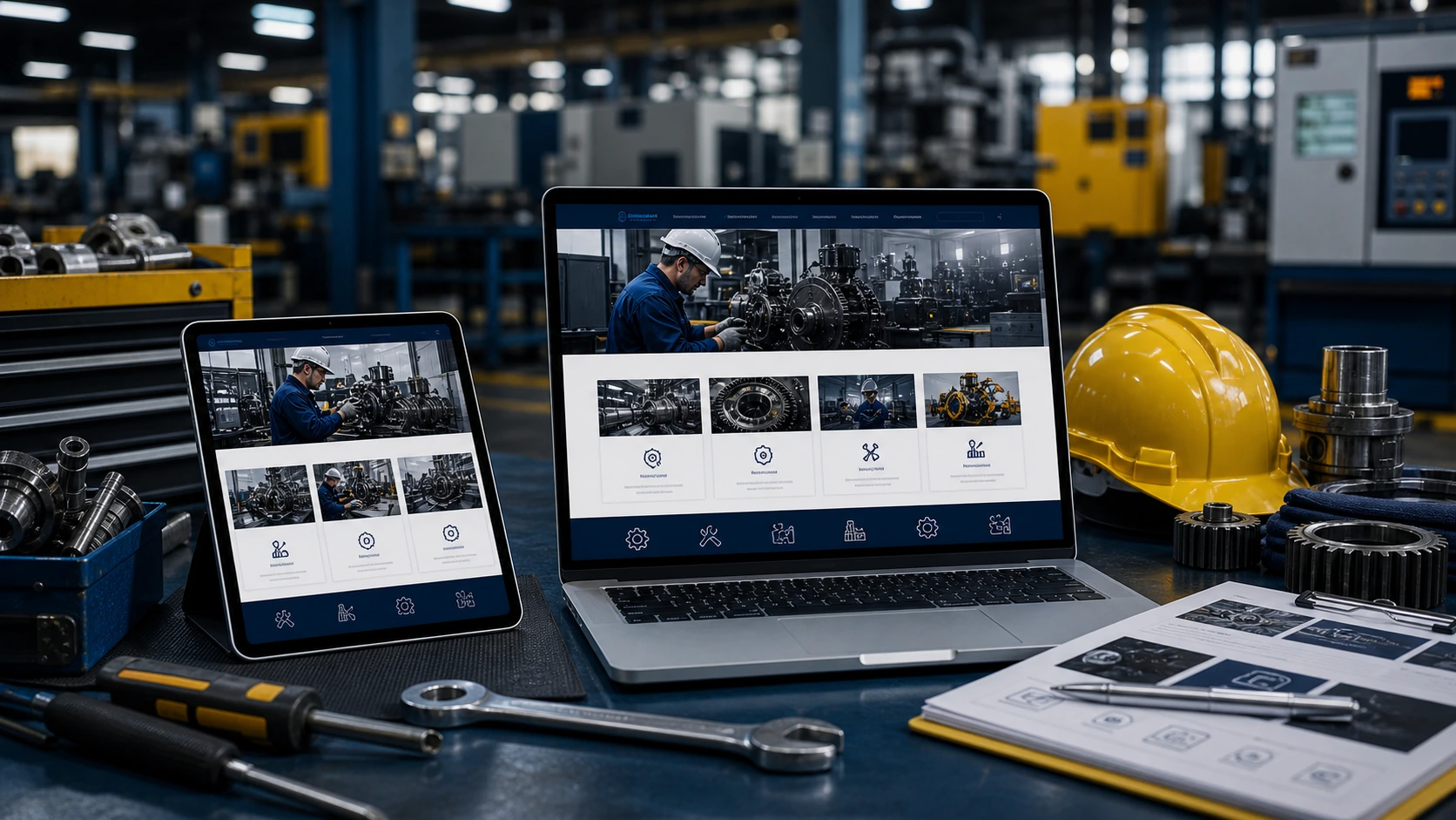 Pantalla o composición visual mostrando servicios, fotos, ubicación, contacto, propuesta comercial y estructura de servicio de mantenimiento industrial de forma clara.