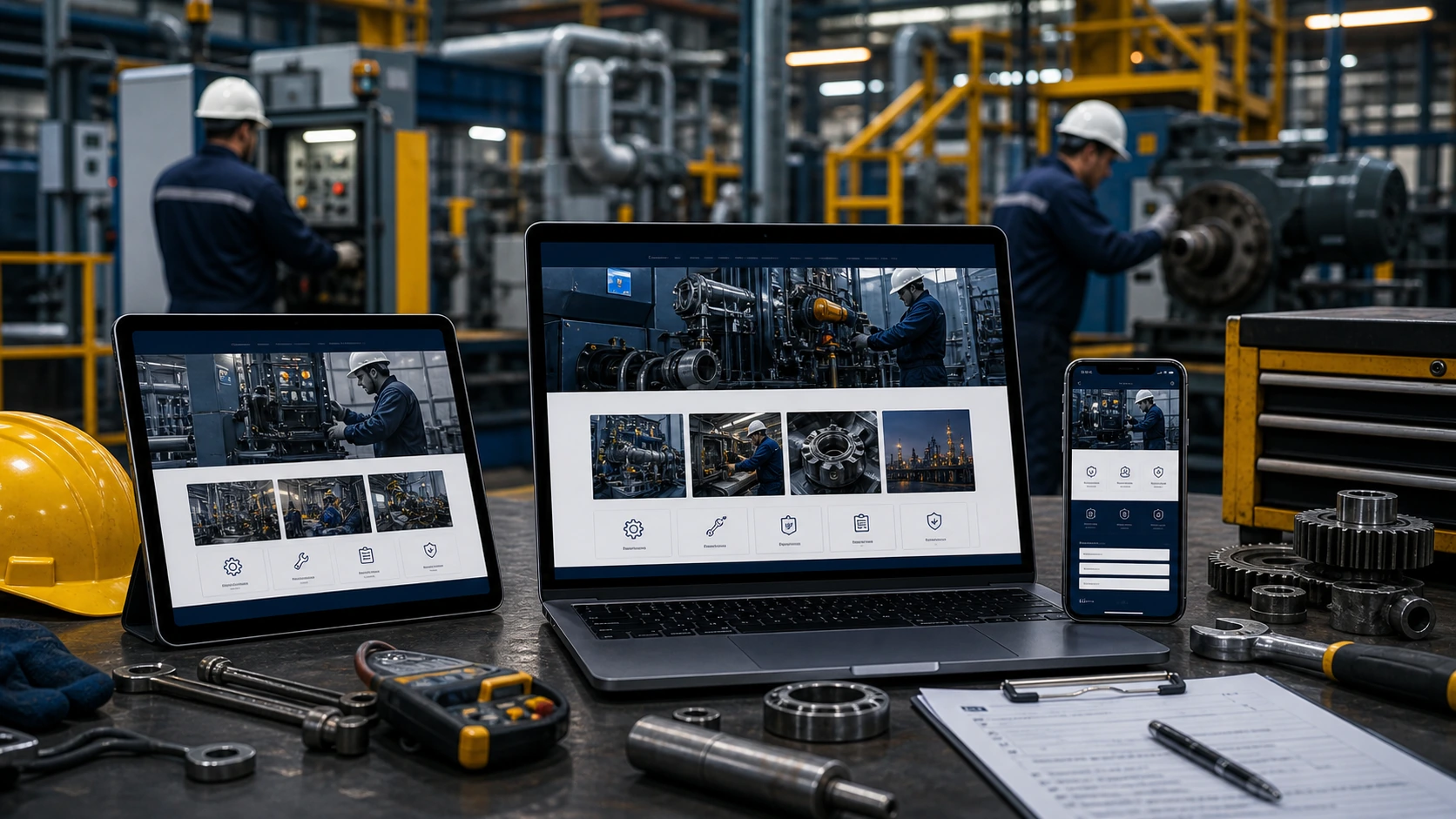 Mockup comercial premium para la sección hero de servicio de mantenimiento industrial: computadora, tablet y teléfono mostrando una web del rubro, fondo realista del contexto.