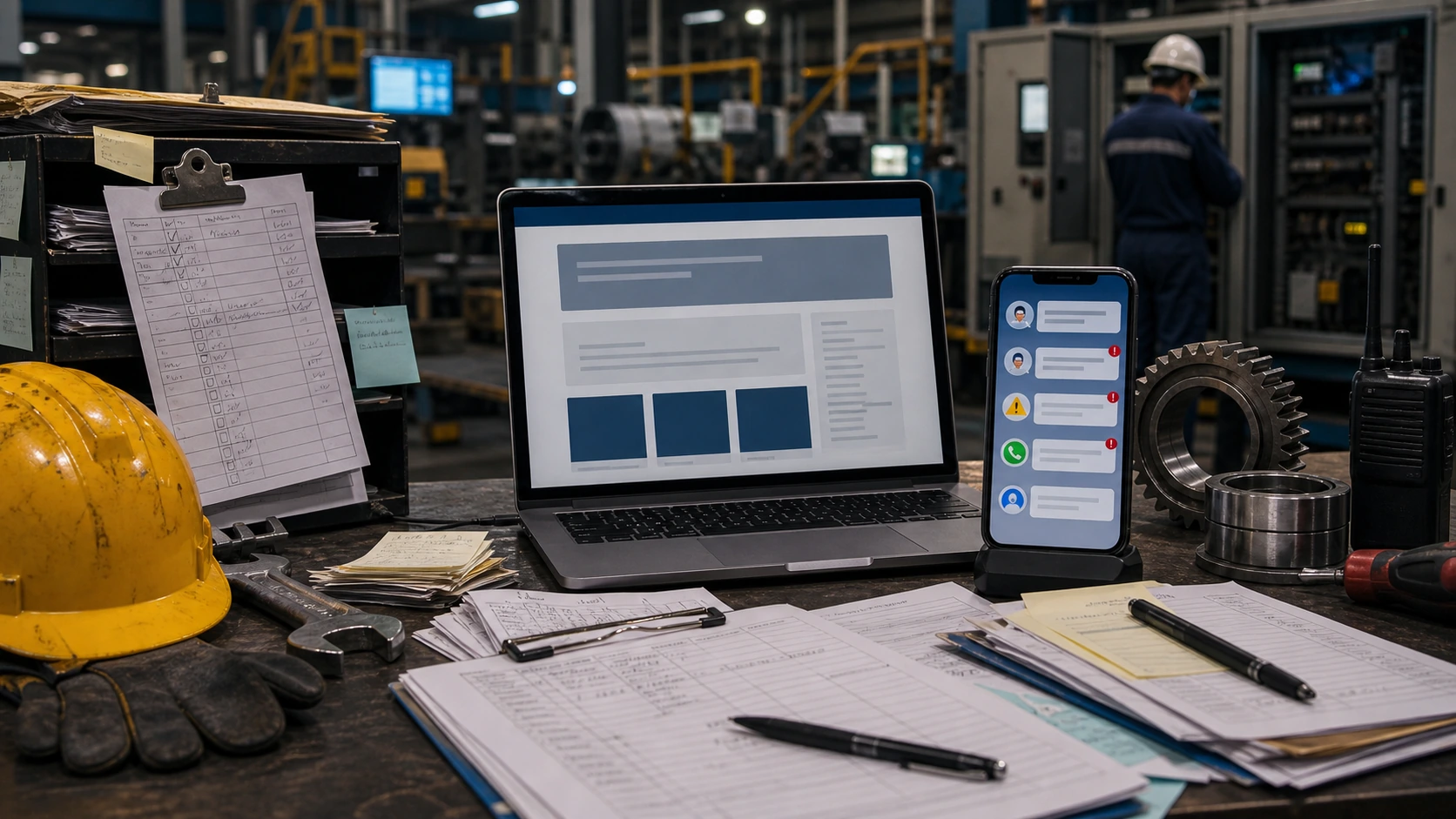 Persona o equipo de servicio de mantenimiento industrial gestionando consultas, turnos, reservas, pedidos, presupuestos o mensajes desde notebook/celular.