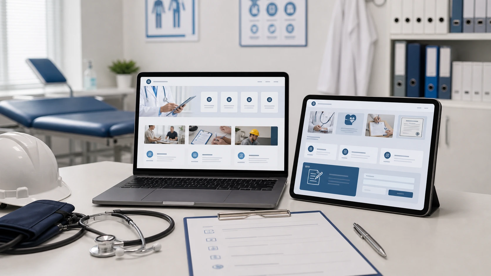 Pantalla o composición visual mostrando servicios, fotos, ubicación, contacto, propuesta comercial y estructura de servicio de medicina laboral de forma clara.