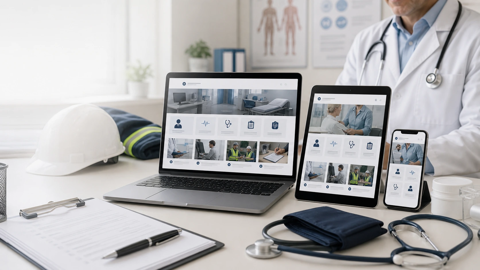 Mockup comercial premium para la sección hero de servicio de medicina laboral: computadora, tablet y teléfono mostrando una web del rubro, fondo realista del contexto.