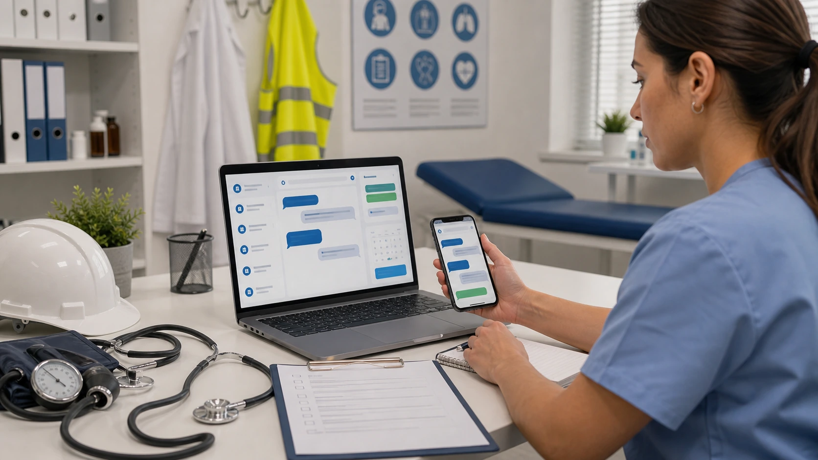 Persona o equipo de servicio de medicina laboral gestionando consultas, turnos, reservas, pedidos, presupuestos o mensajes desde notebook/celular.