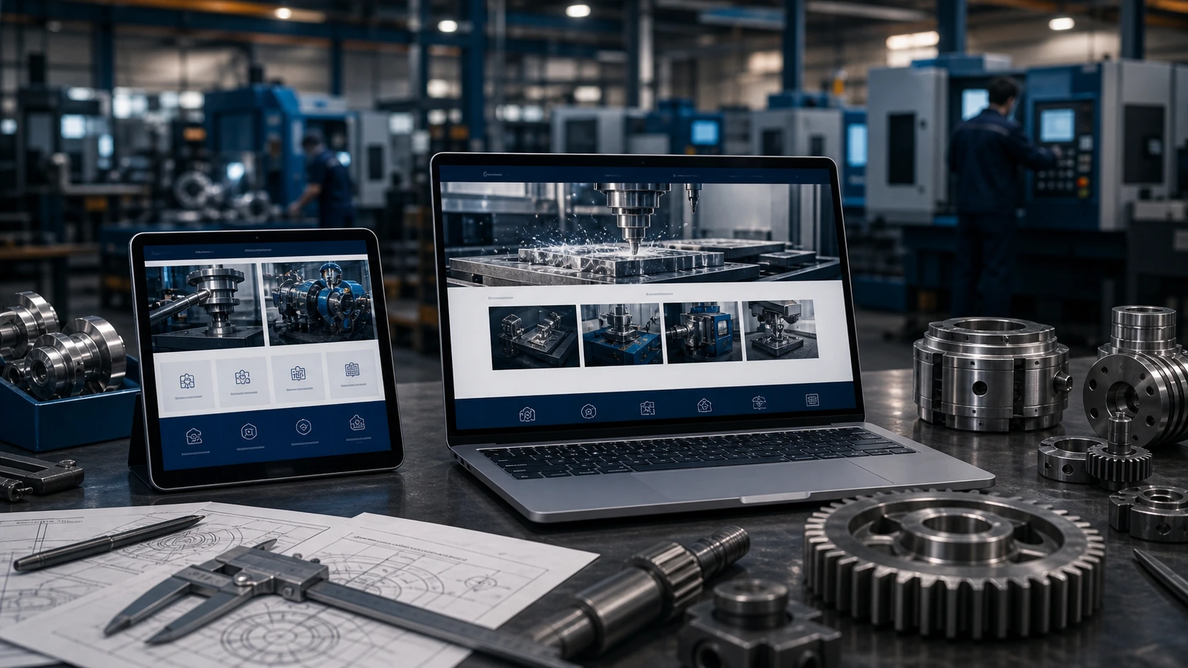 Pantalla o composición visual mostrando servicios, fotos, ubicación, contacto, propuesta comercial y estructura de empresa metalmecanica de forma clara.
