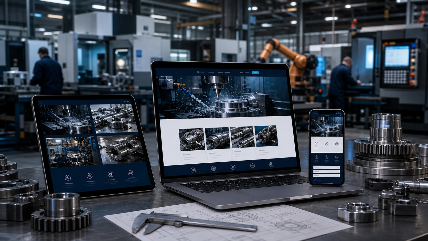 Mockup comercial premium para la sección hero de empresa metalmecanica: computadora, tablet y teléfono mostrando una web del rubro, fondo realista del contexto.