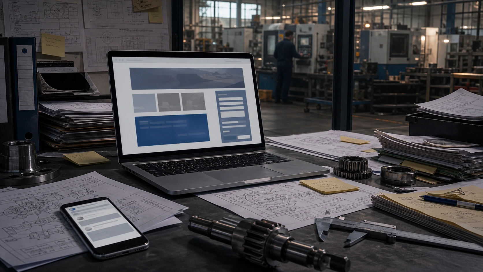 Persona o equipo de empresa metalmecanica gestionando consultas, turnos, reservas, pedidos, presupuestos o mensajes desde notebook/celular.