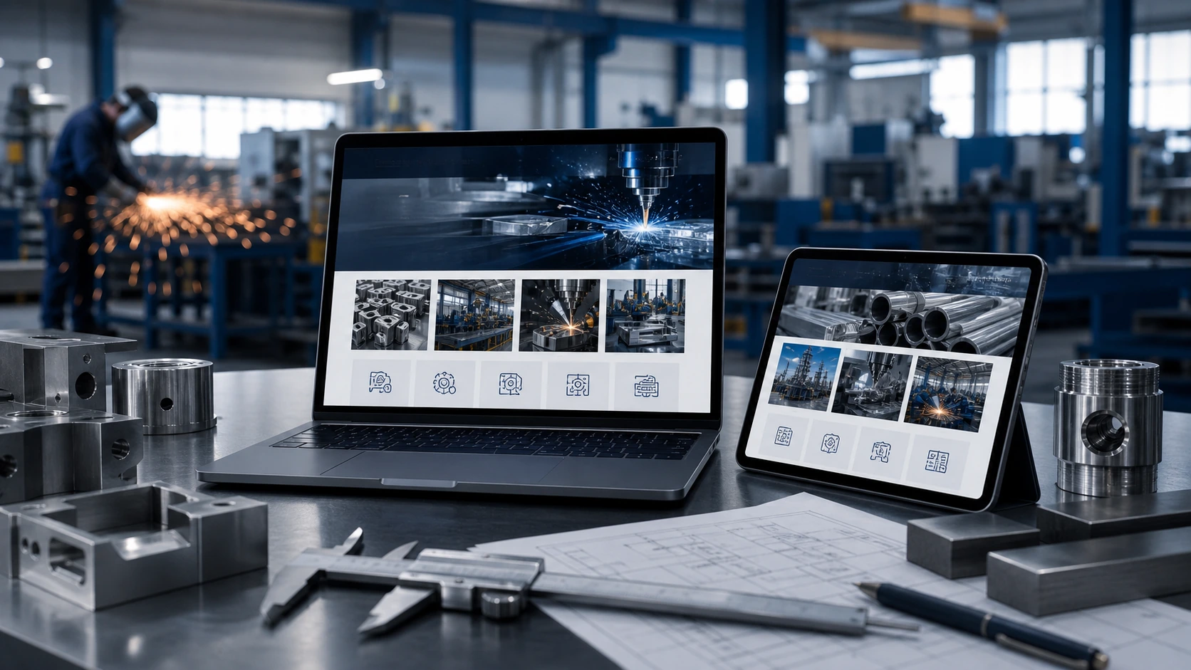 Pantalla o composición visual mostrando servicios, fotos, ubicación, contacto, propuesta comercial y estructura de metalurgica de forma clara.