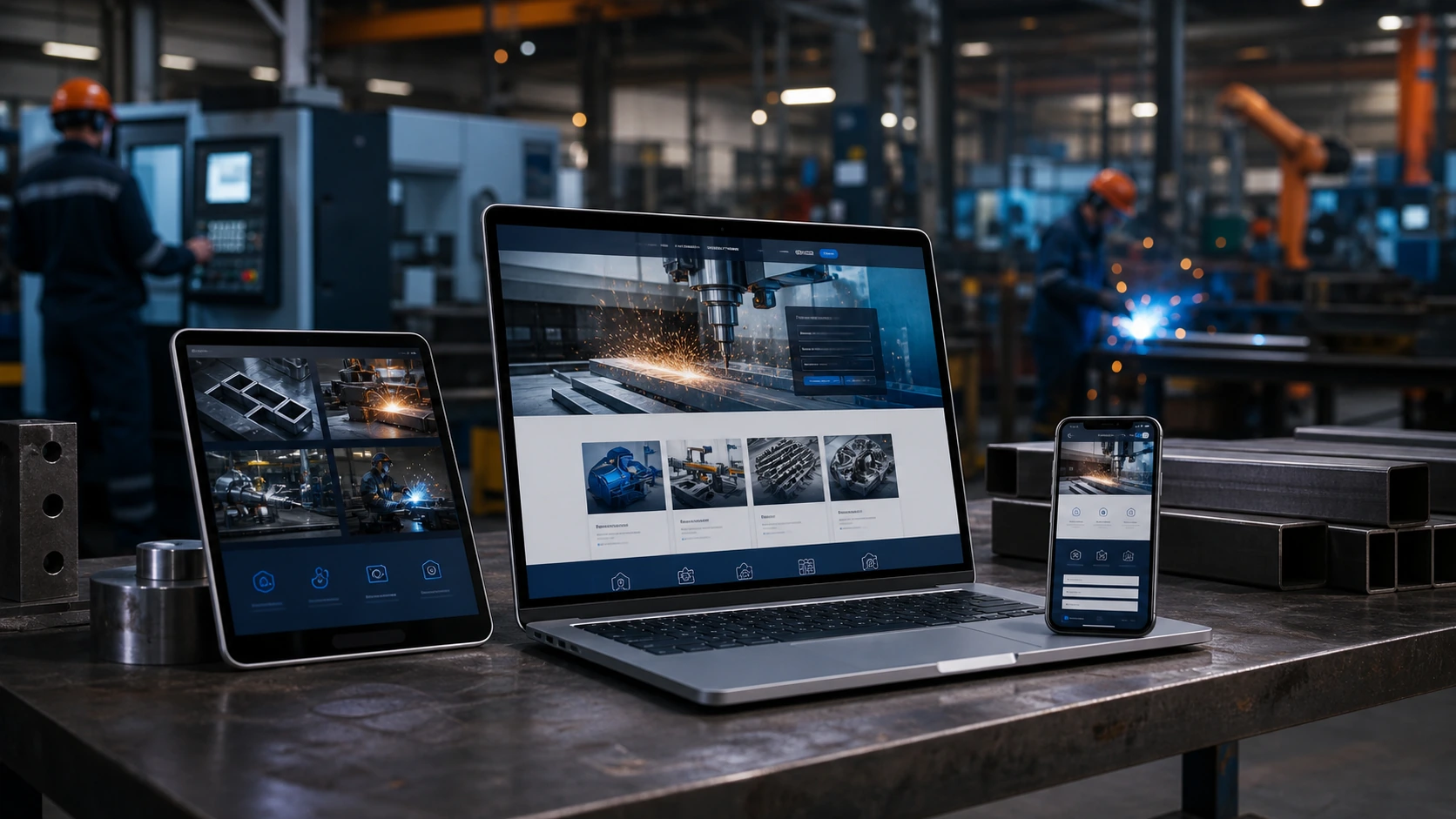 Mockup comercial premium para la sección hero de metalurgica: computadora, tablet y teléfono mostrando una web del rubro, fondo realista del contexto.