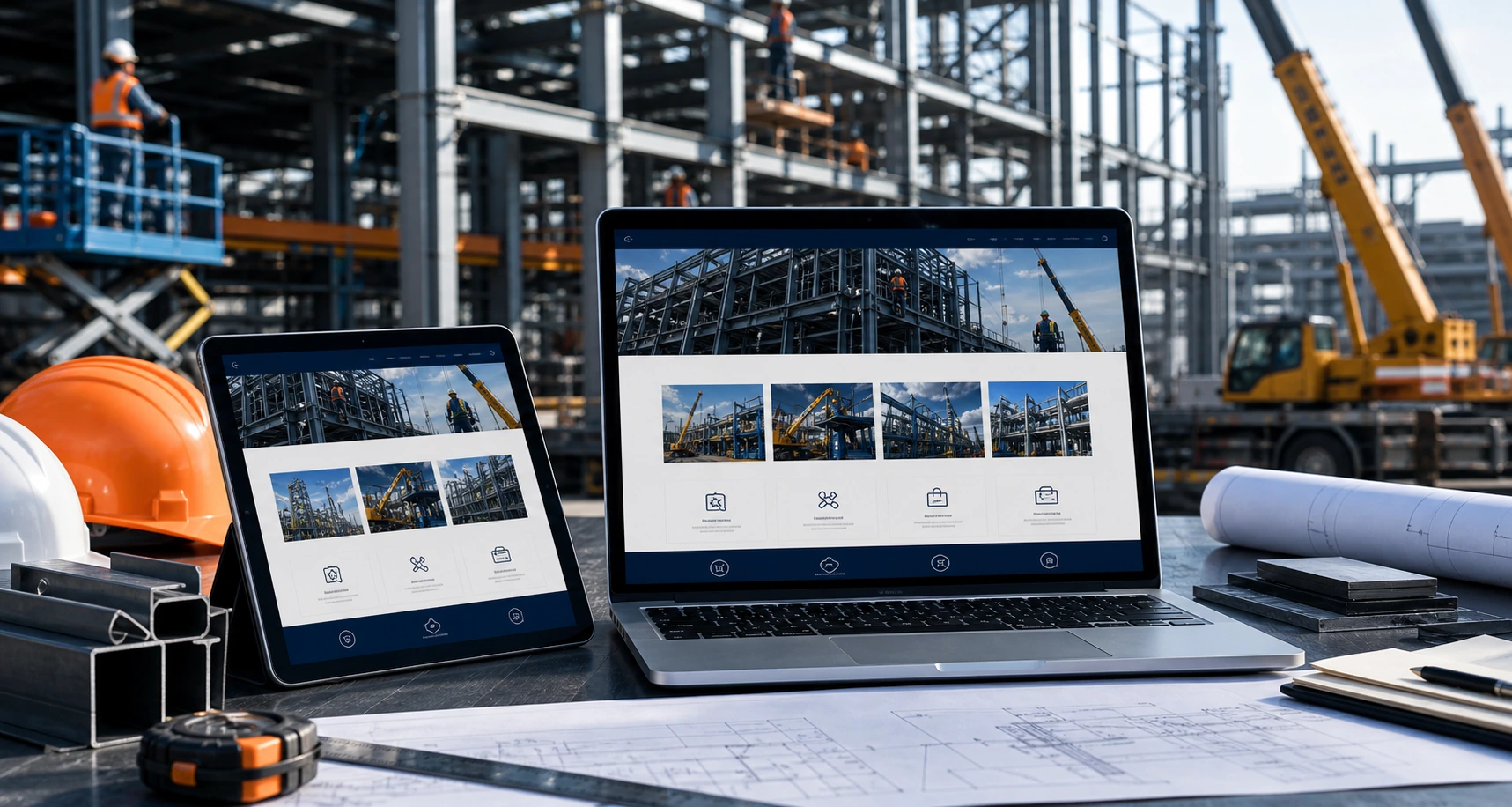 Pantalla o composición visual mostrando servicios, fotos, ubicación, contacto, propuesta comercial y estructura de empresa de montajes industriales de forma clara.