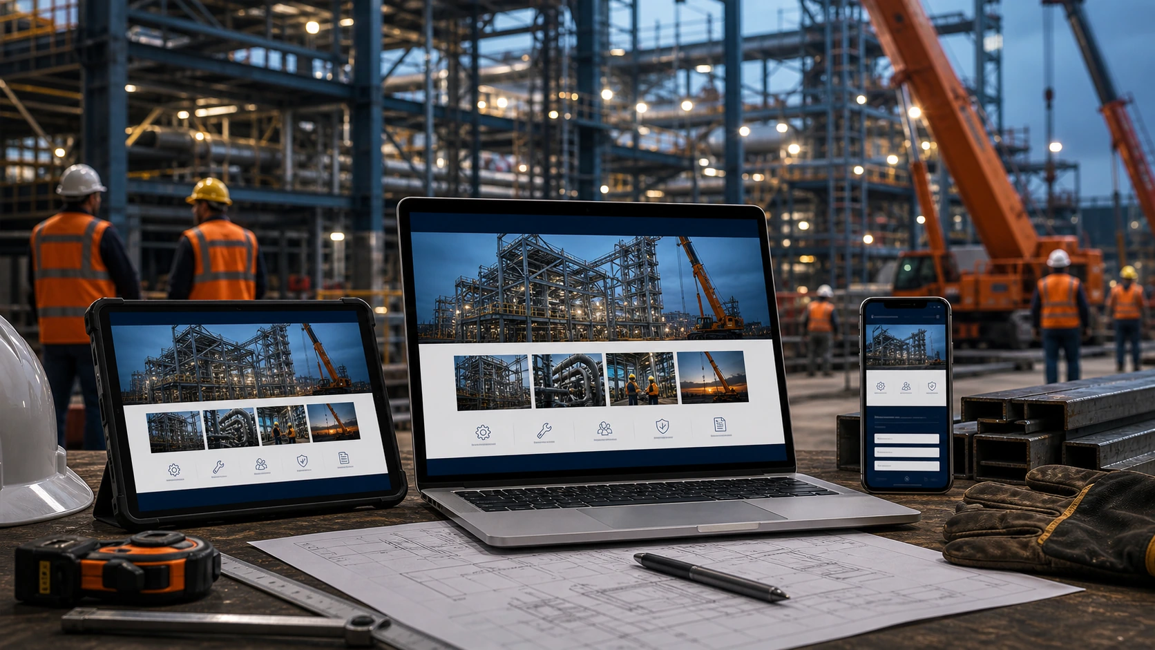 Mockup comercial premium para la sección hero de empresa de montajes industriales: computadora, tablet y teléfono mostrando una web del rubro, fondo realista del contexto.