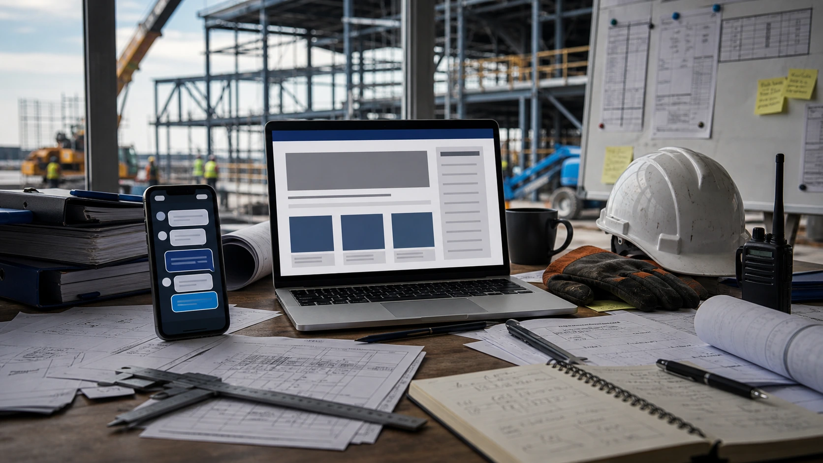 Persona o equipo de empresa de montajes industriales gestionando consultas, turnos, reservas, pedidos, presupuestos o mensajes desde notebook/celular.