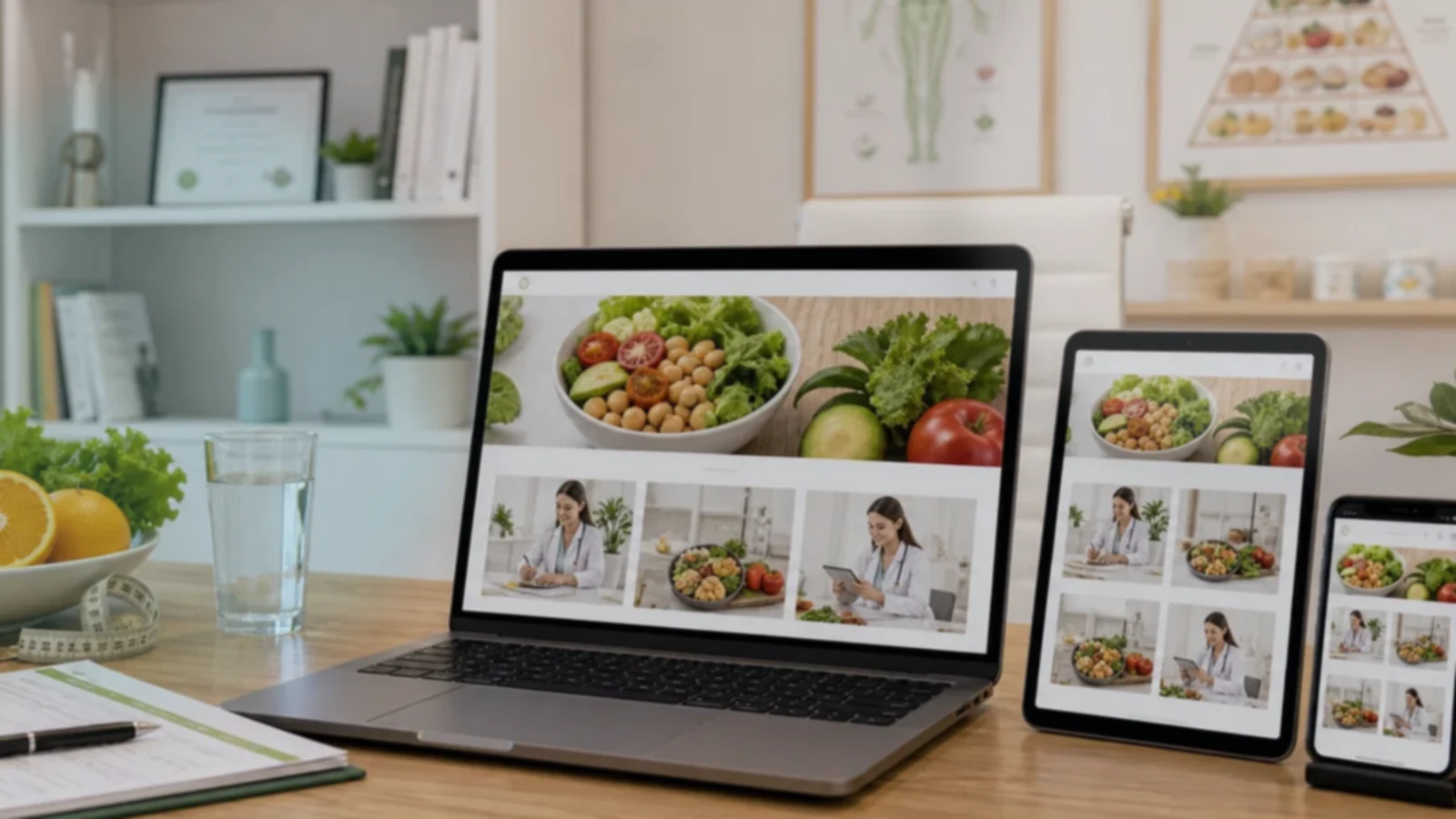 Pantalla o composición visual mostrando servicios, fotos, ubicación, contacto, propuesta comercial y estructura de nutricionistas y consultas nutricionales de forma clara.