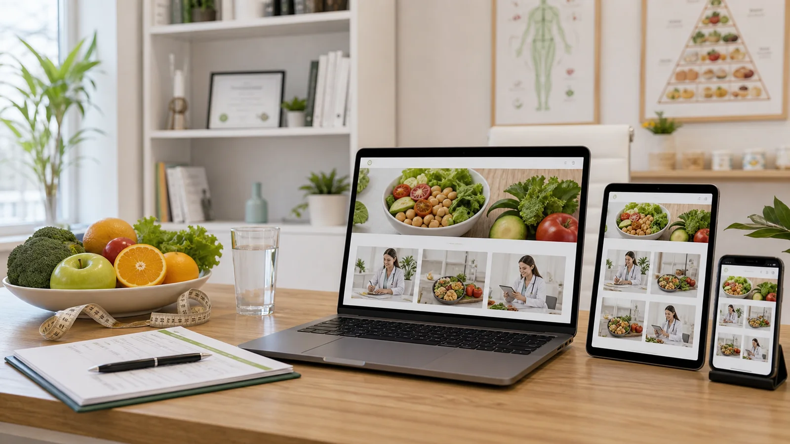 Mockup comercial premium para la sección hero de nutricionistas y consultas nutricionales: computadora, tablet y teléfono mostrando una web del rubro, fondo realista del contexto.