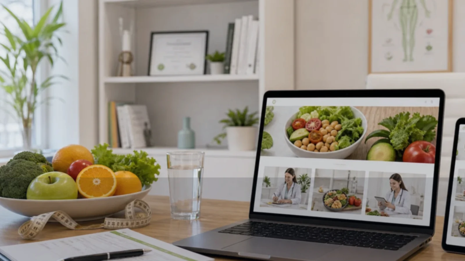 Persona o equipo de nutricionistas y consultas nutricionales gestionando consultas, turnos, reservas, pedidos, presupuestos o mensajes desde notebook/celular.
