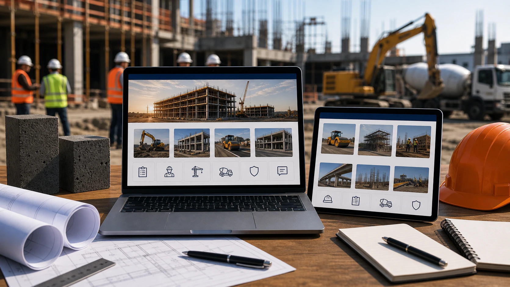 Pantalla o composición visual mostrando servicios, fotos, ubicación, contacto, propuesta comercial y estructura de empresa de obras civiles de forma clara.