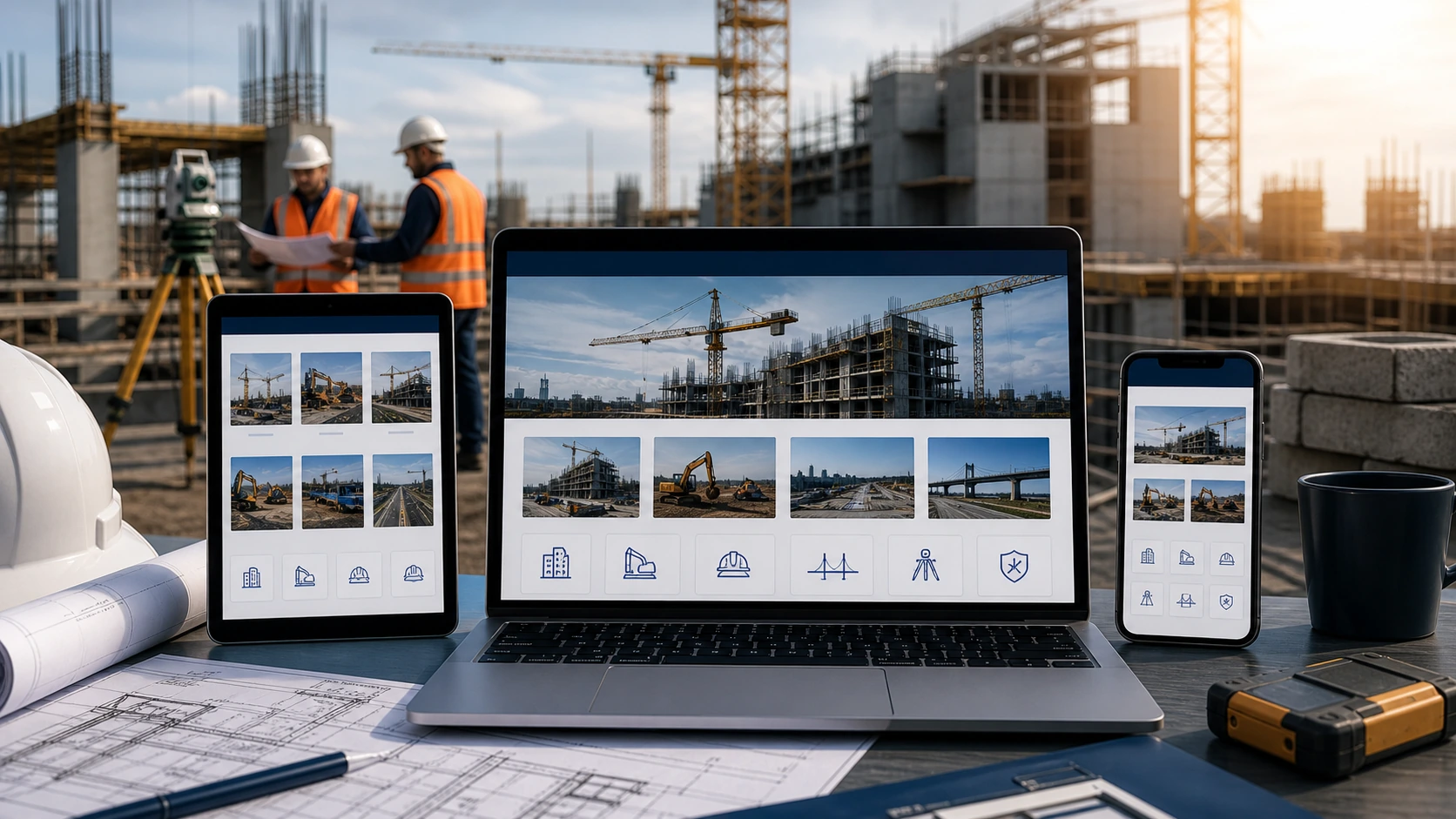 Mockup comercial premium para la sección hero de empresa de obras civiles: computadora, tablet y teléfono mostrando una web del rubro, fondo realista del contexto.