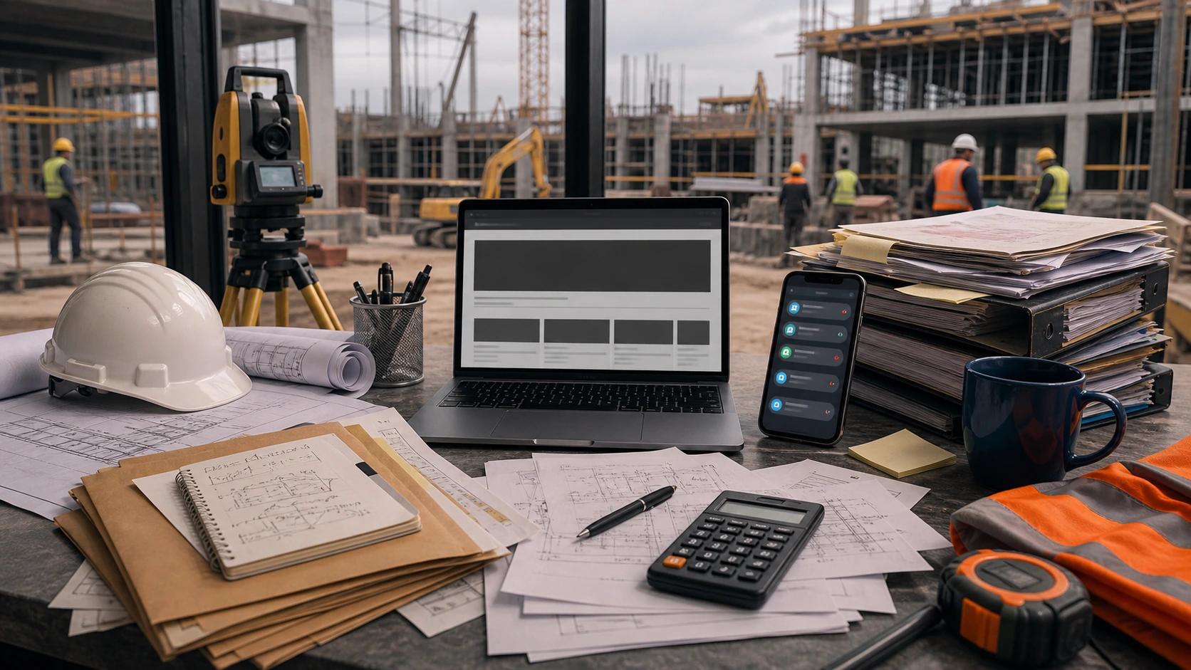 Persona o equipo de empresa de obras civiles gestionando consultas, turnos, reservas, pedidos, presupuestos o mensajes desde notebook/celular.
