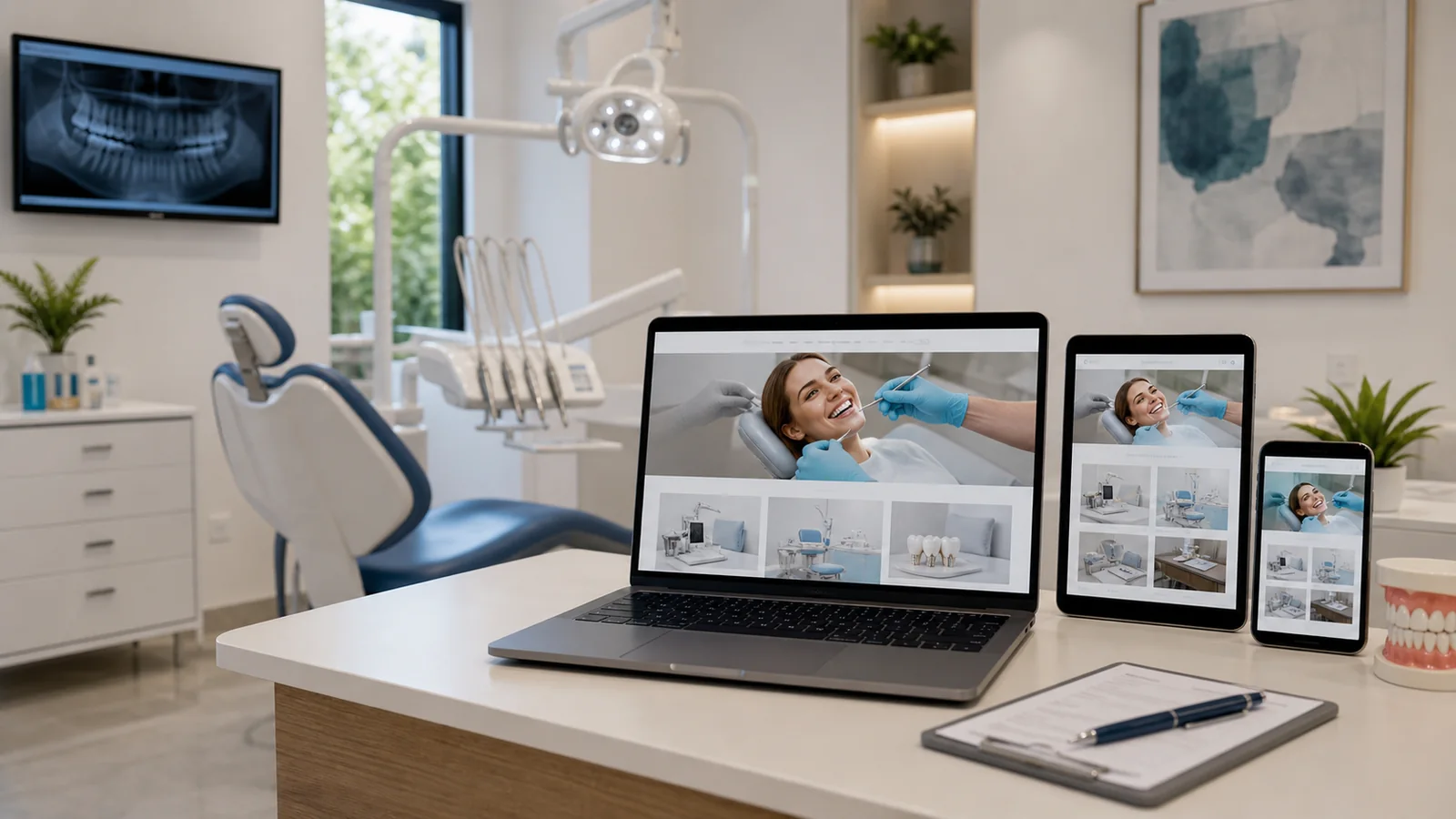 Mockup de pagina web para odontologo en dispositivos sobre un consultorio moderno