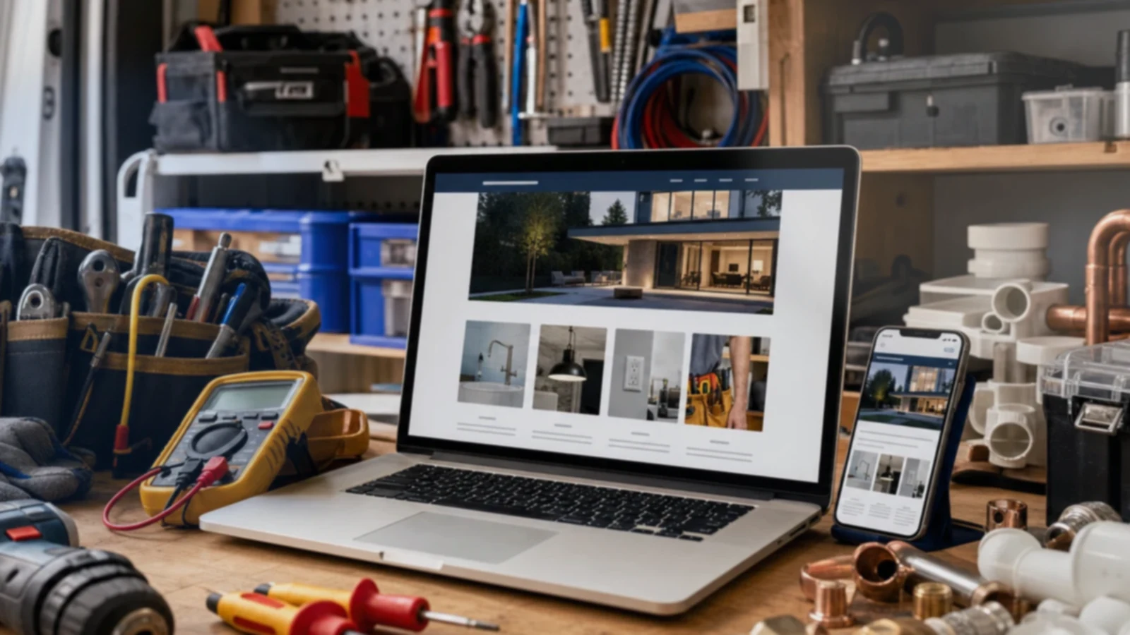 Pantalla o composición visual mostrando servicios, fotos, ubicación, contacto, propuesta comercial y estructura de electricistas, plomeros, gasistas y oficios de forma clara.