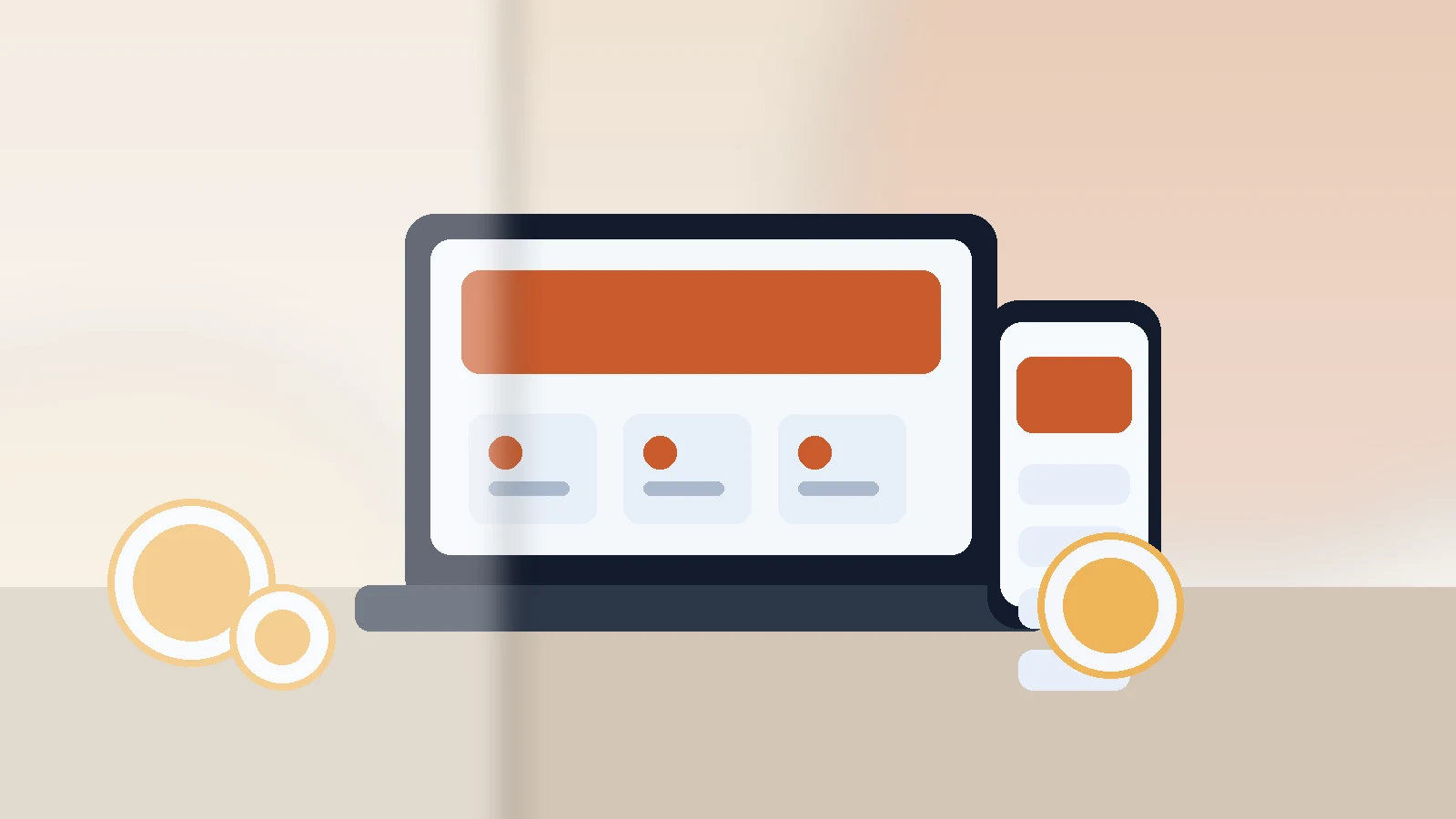 Mockup comercial premium para la sección hero de panaderia: computadora, tablet y teléfono mostrando una web del rubro, fondo realista del contexto.