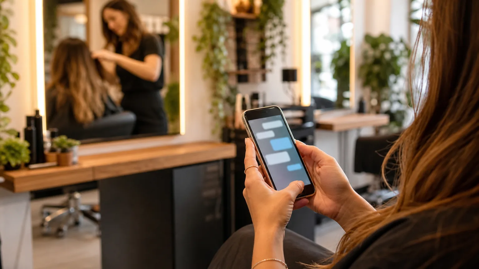 Clienta pidiendo turno desde el celular dentro de una peluqueria moderna