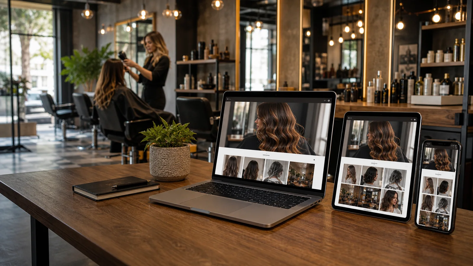 Mockup de pagina web para peluqueria en computadora, tablet y telefono sobre un salon moderno