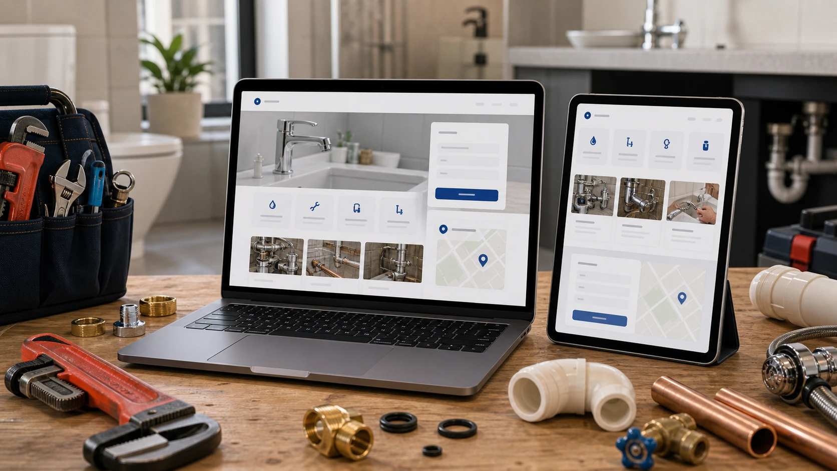 Pantalla o composición visual mostrando servicios, fotos, ubicación, contacto, propuesta comercial y estructura de servicio de instalaciones sanitarias de forma clara.