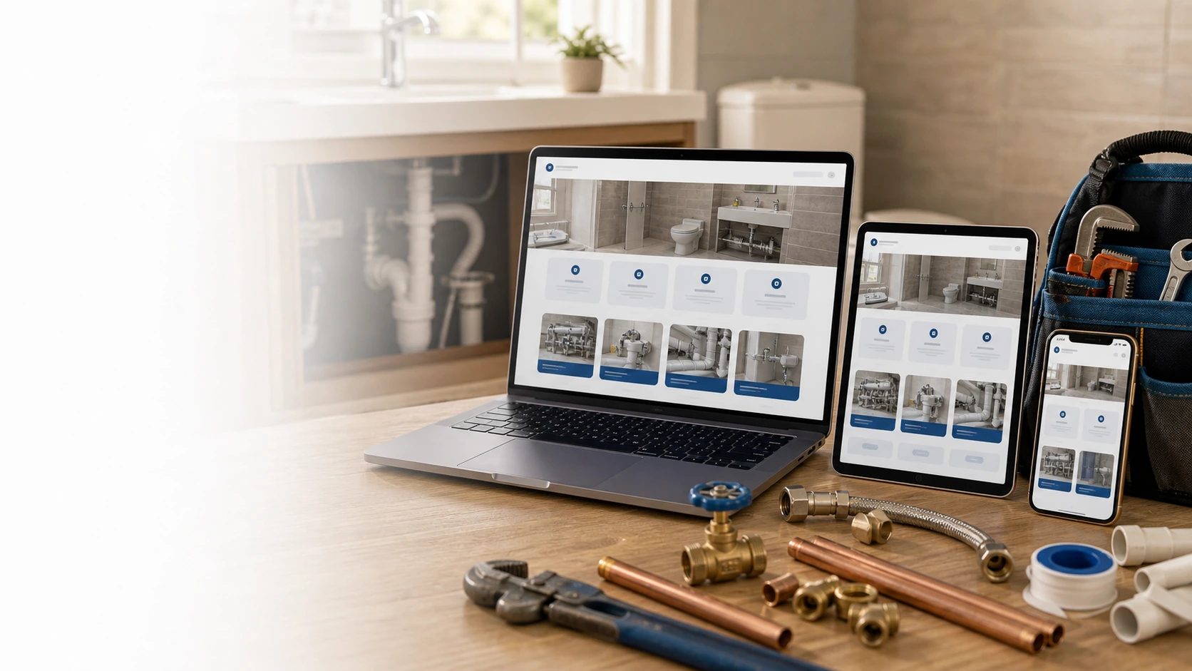Mockup comercial premium para la sección hero de servicio de instalaciones sanitarias: computadora, tablet y teléfono mostrando una web del rubro, fondo realista del contexto.