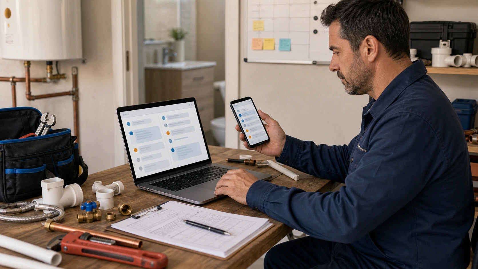 Persona o equipo de servicio de instalaciones sanitarias gestionando consultas, turnos, reservas, pedidos, presupuestos o mensajes desde notebook/celular.