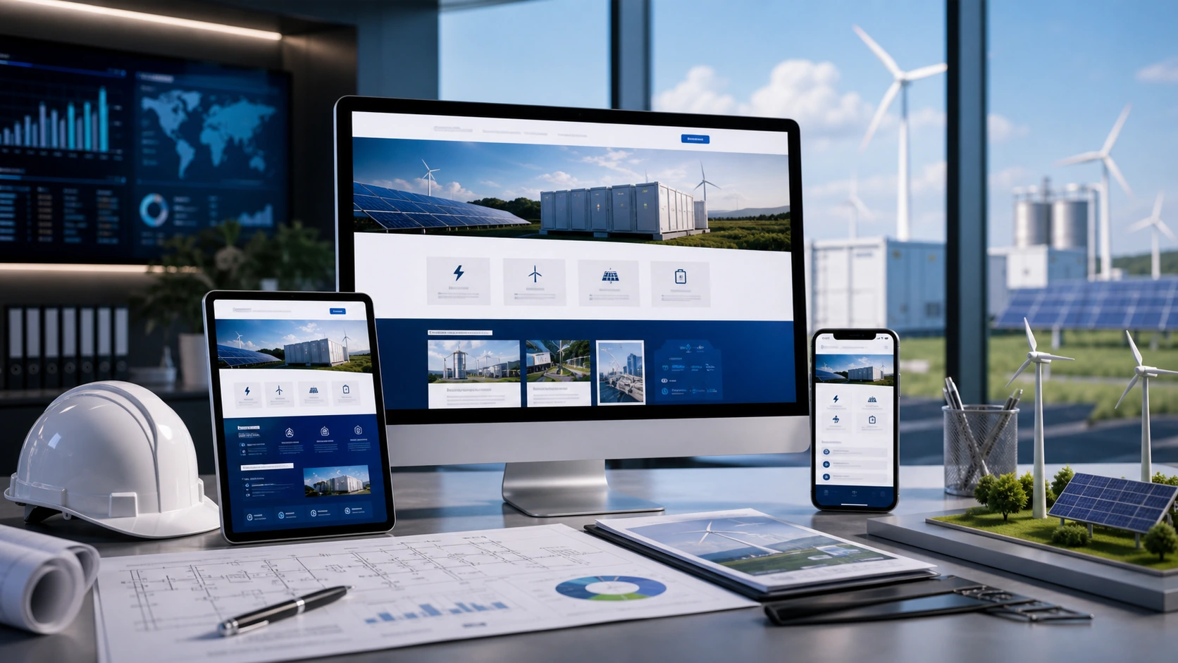 Pantalla o composición visual mostrando servicios, fotos, ubicación, contacto, propuesta comercial y estructura de proveedor energetico de forma clara.