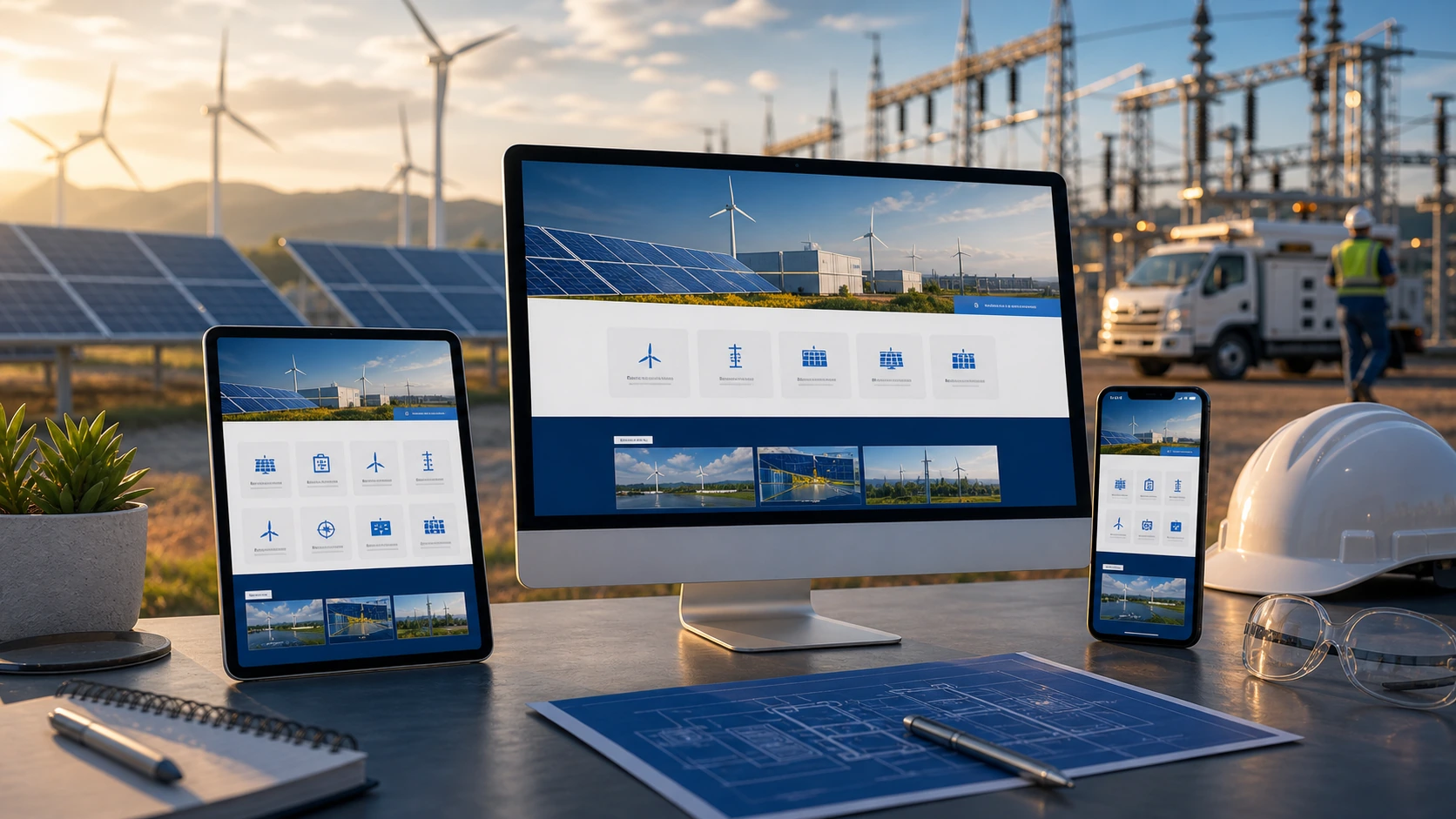 Mockup comercial premium para la sección hero de proveedor energetico: computadora, tablet y teléfono mostrando una web del rubro, fondo realista del contexto.