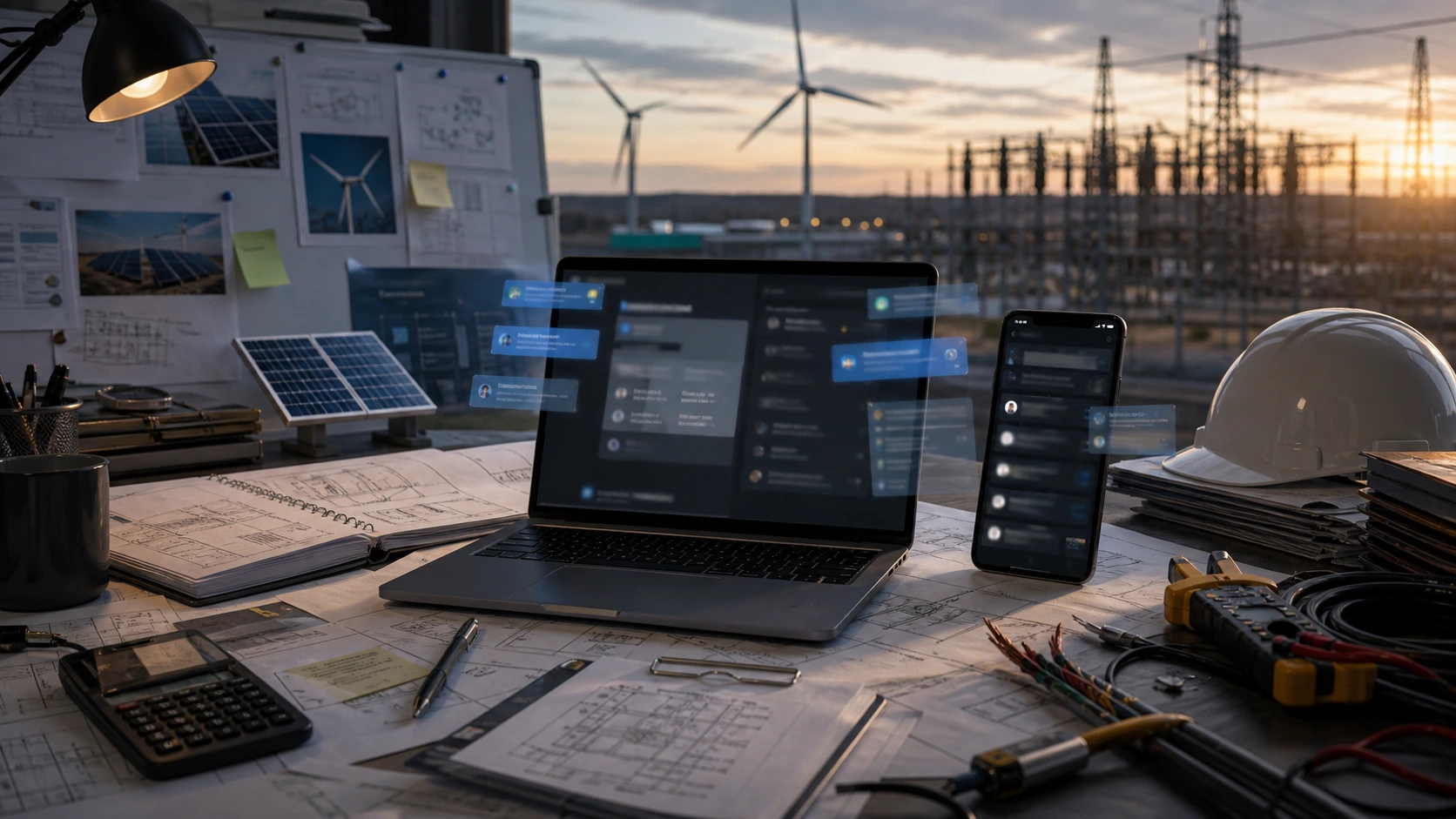 Persona o equipo de proveedor energetico gestionando consultas, turnos, reservas, pedidos, presupuestos o mensajes desde notebook/celular.