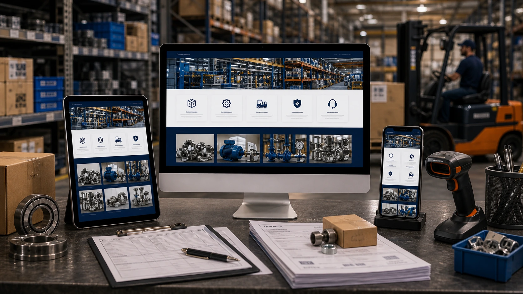 Pantalla o composición visual mostrando servicios, fotos, ubicación, contacto, propuesta comercial y estructura de proveedor industrial de forma clara.