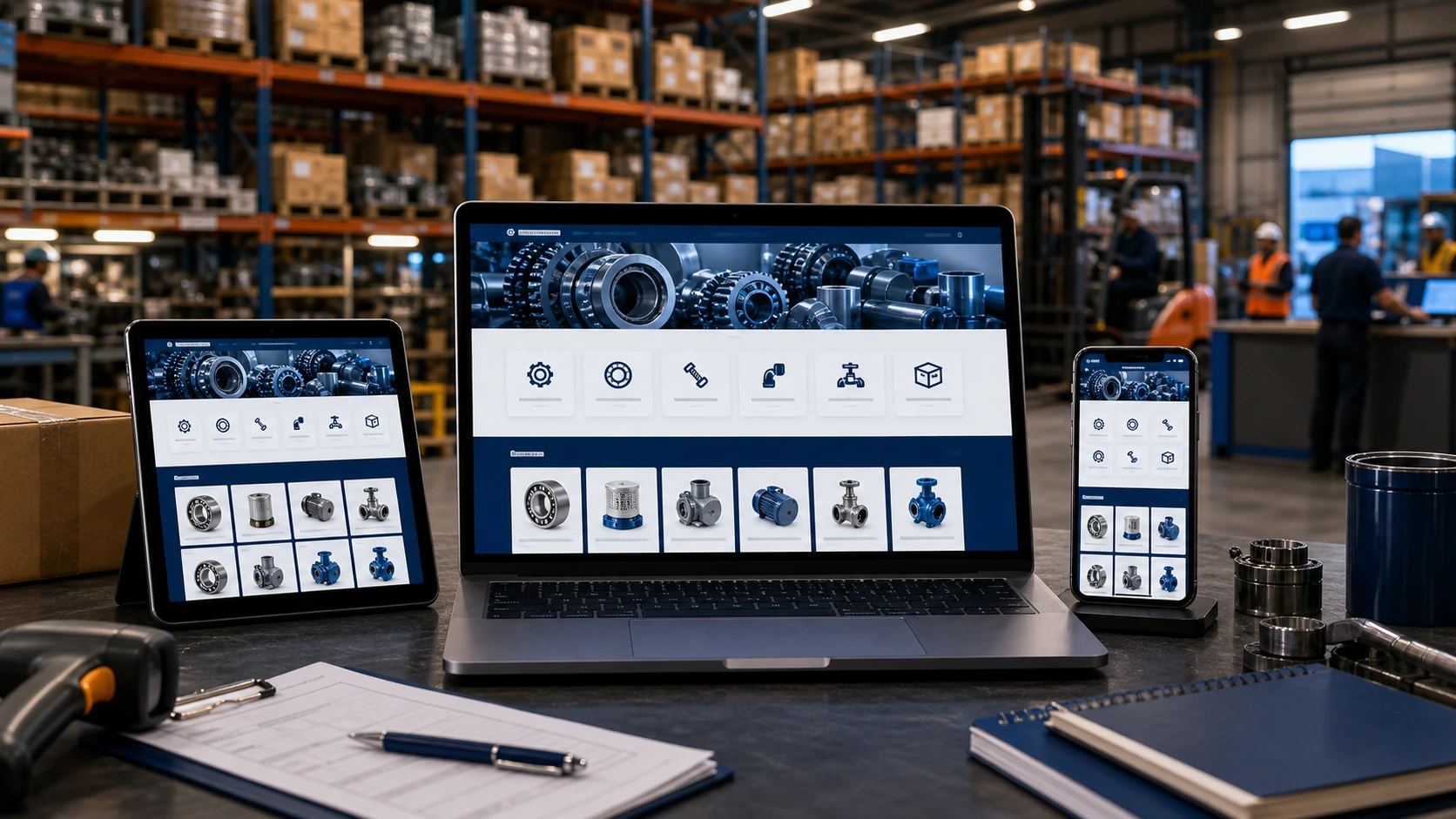 Mockup comercial premium para la sección hero de proveedor industrial: computadora, tablet y teléfono mostrando una web del rubro, fondo realista del contexto.