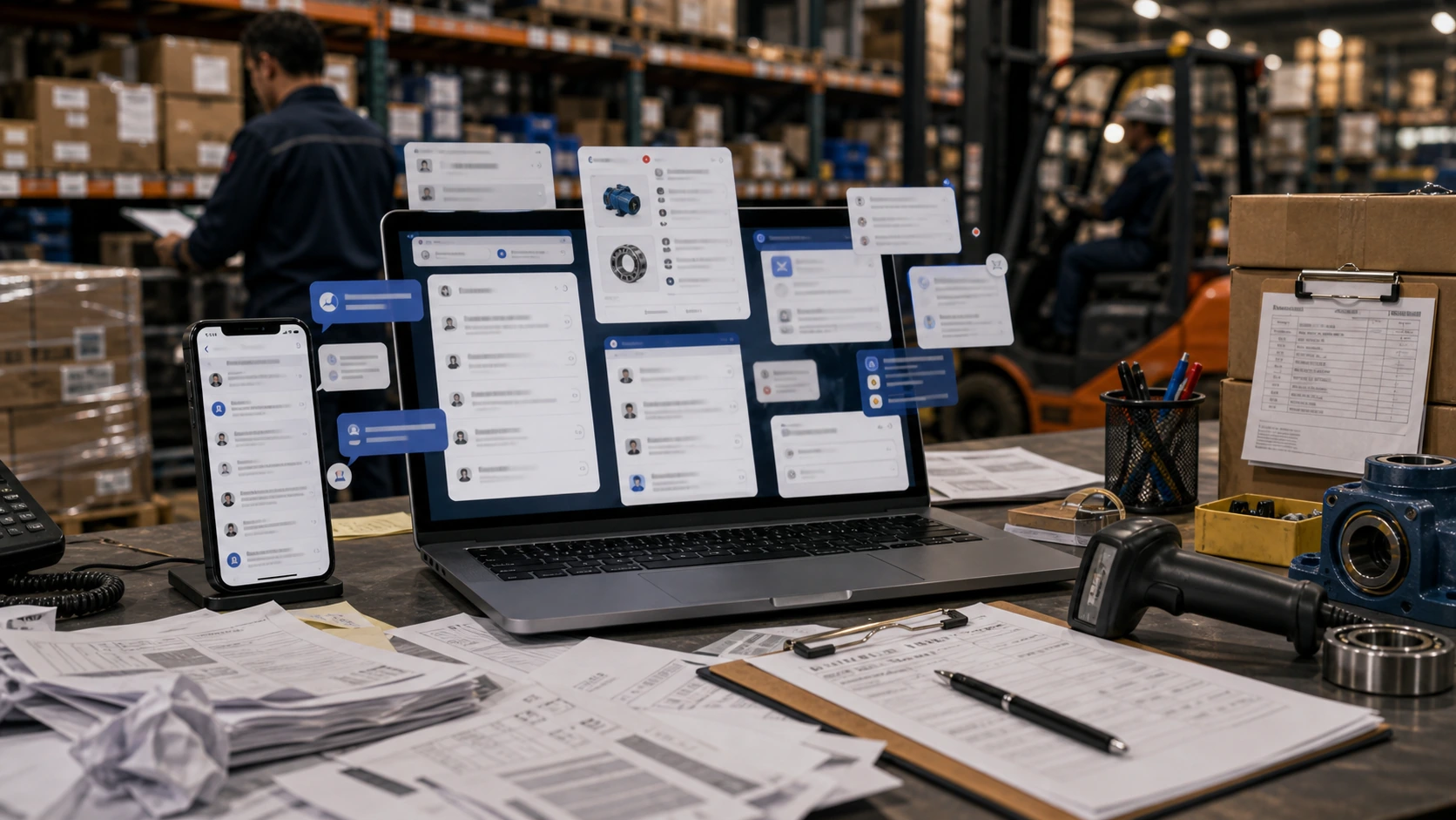 Persona o equipo de proveedor industrial gestionando consultas, turnos, reservas, pedidos, presupuestos o mensajes desde notebook/celular.