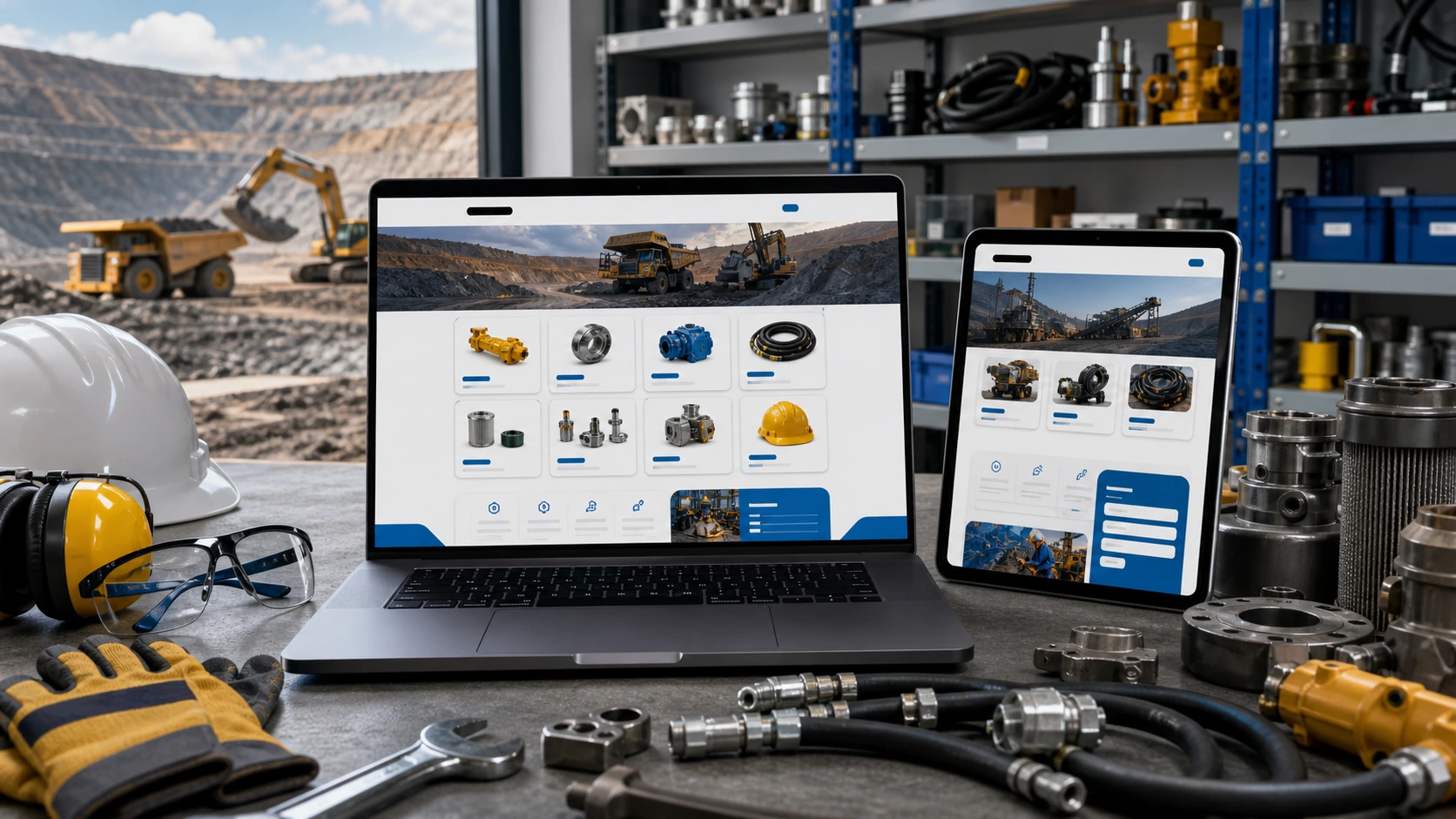 Pantalla o composición visual mostrando servicios, fotos, ubicación, contacto, propuesta comercial y estructura de proveedor minero de forma clara.