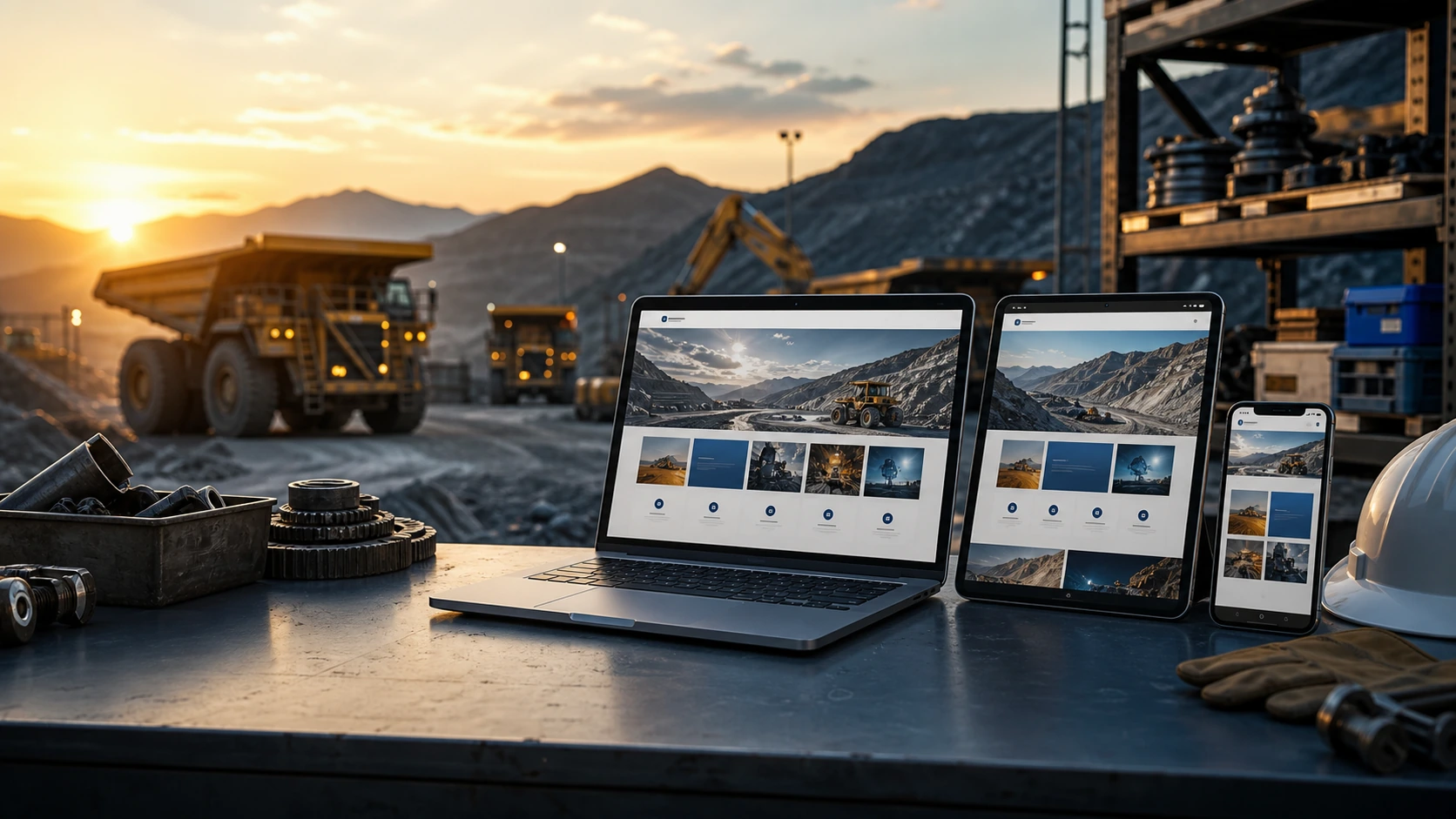 Mockup comercial premium para la sección hero de proveedor minero: computadora, tablet y teléfono mostrando una web del rubro, fondo realista del contexto.