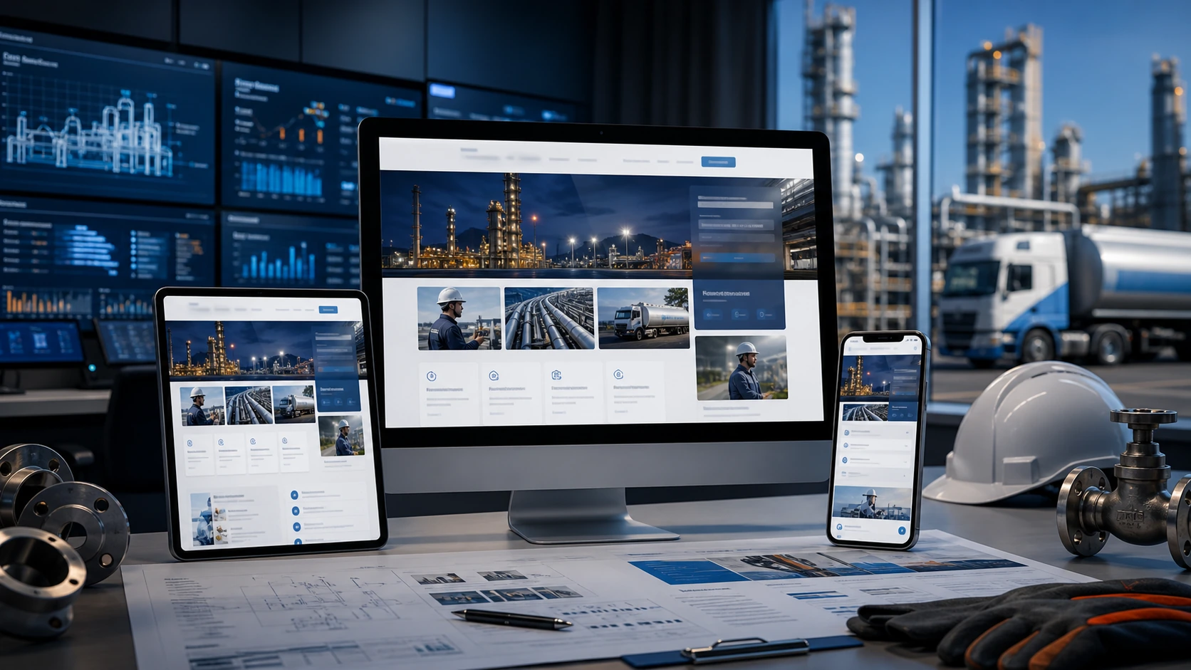 Pantalla o composición visual mostrando servicios, fotos, ubicación, contacto, propuesta comercial y estructura de proveedor petrolero de forma clara.