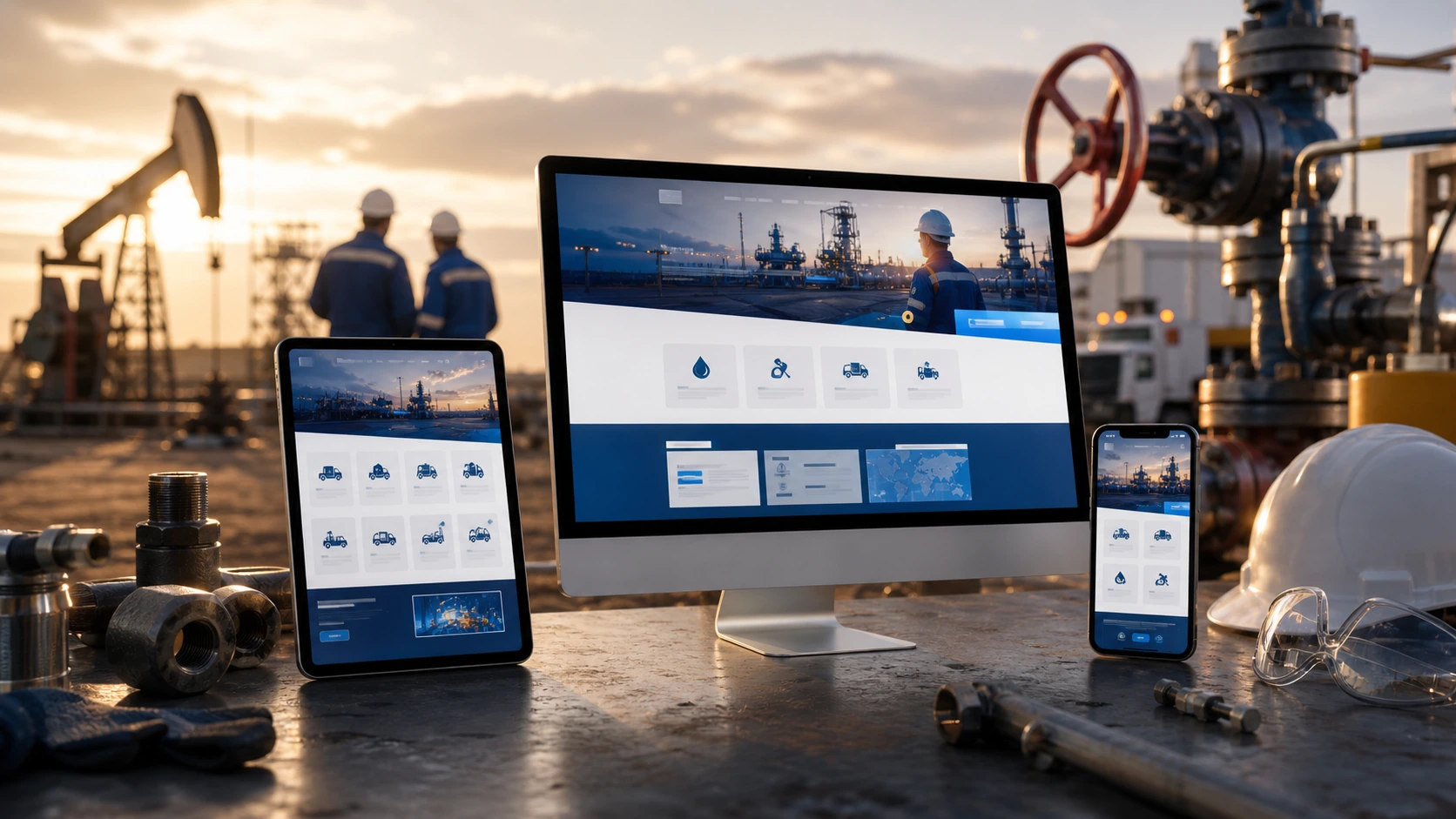 Mockup comercial premium para la sección hero de proveedor petrolero: computadora, tablet y teléfono mostrando una web del rubro, fondo realista del contexto.
