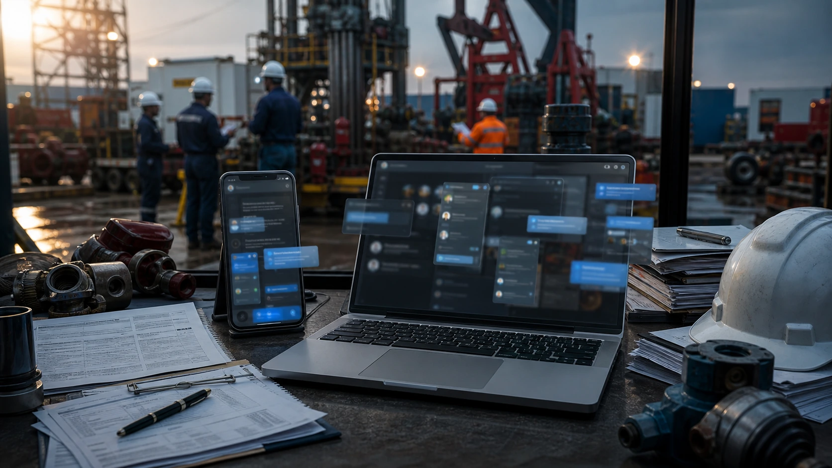 Persona o equipo de proveedor petrolero gestionando consultas, turnos, reservas, pedidos, presupuestos o mensajes desde notebook/celular.