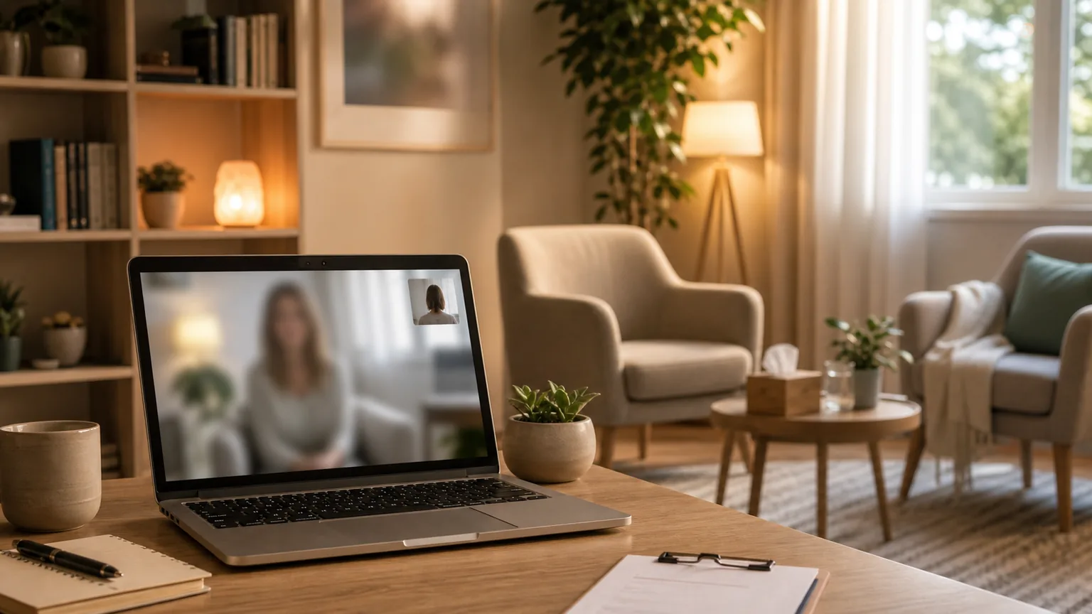 Modalidad online y presencial para psicologia representada con notebook y consultorio