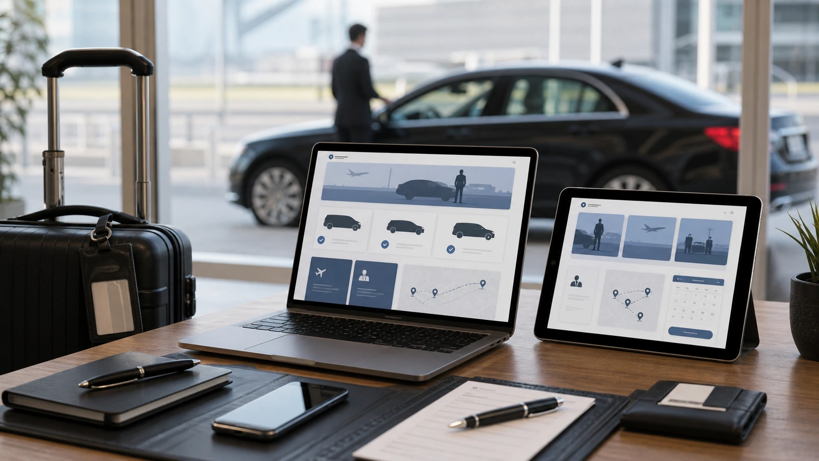 Pantalla o composición visual mostrando servicios, fotos, ubicación, contacto, propuesta comercial y estructura de servicio de remises y transfers corporativos de forma clara.