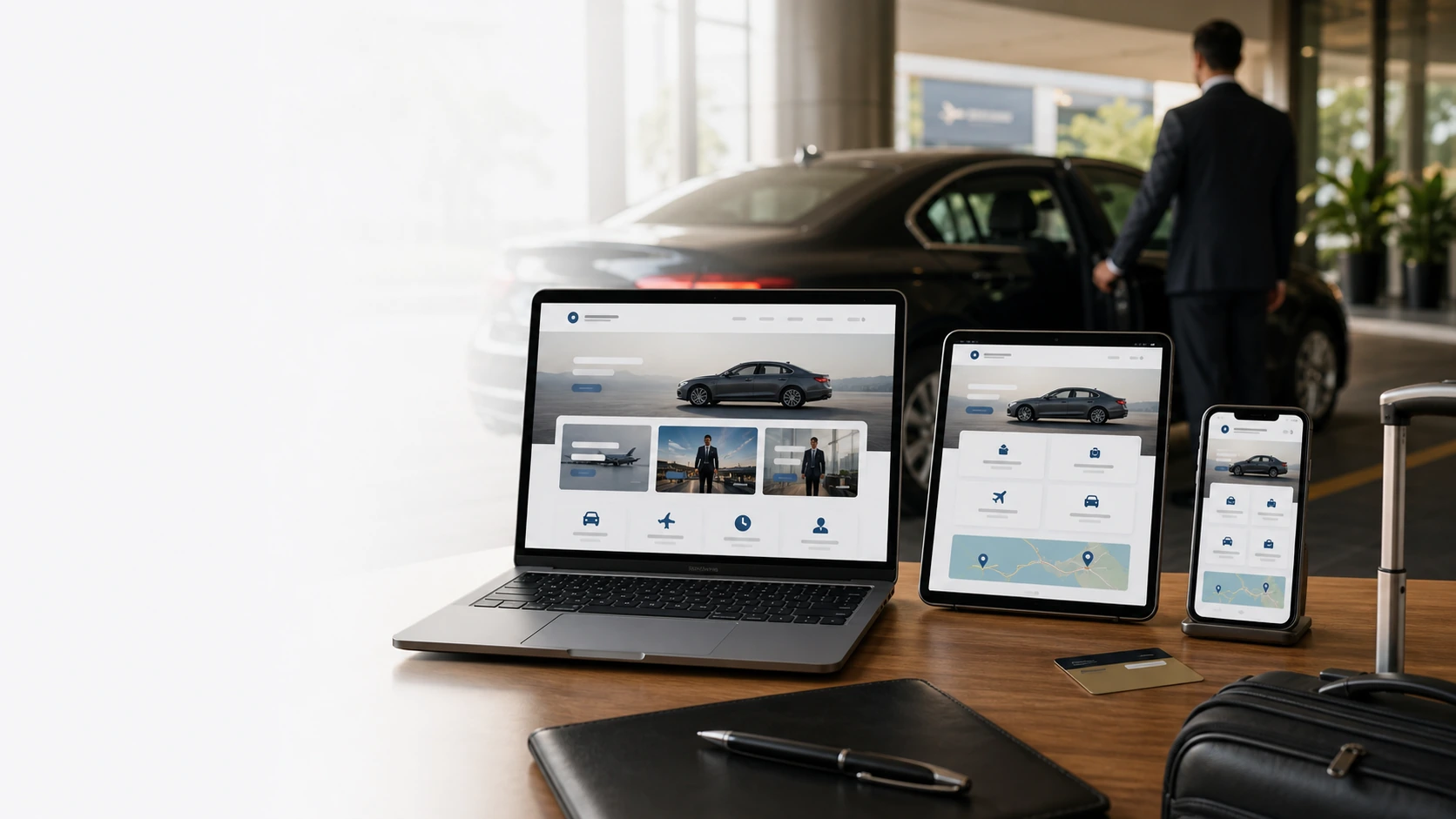 Mockup comercial premium para la sección hero de servicio de remises y transfers corporativos: computadora, tablet y teléfono mostrando una web del rubro, fondo realista del contexto.