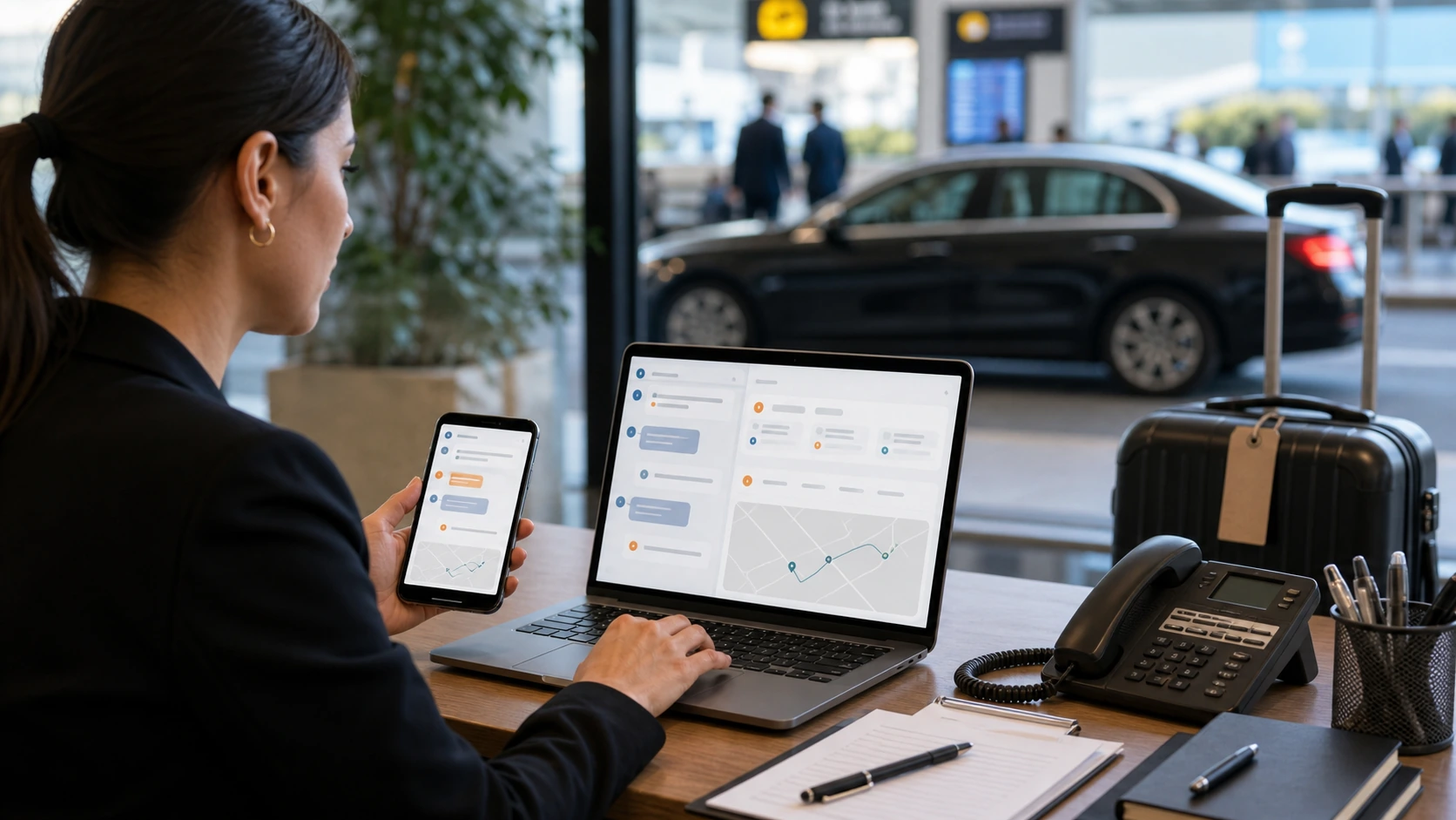 Persona o equipo de servicio de remises y transfers corporativos gestionando consultas, turnos, reservas, pedidos, presupuestos o mensajes desde notebook/celular.