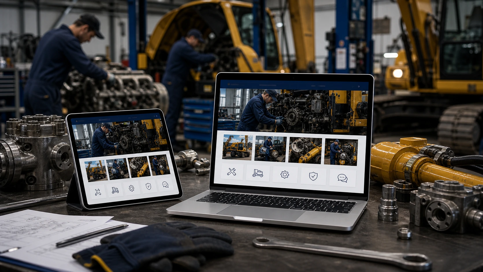 Pantalla o composición visual mostrando servicios, fotos, ubicación, contacto, propuesta comercial y estructura de servicio de reparacion de maquinaria de forma clara.