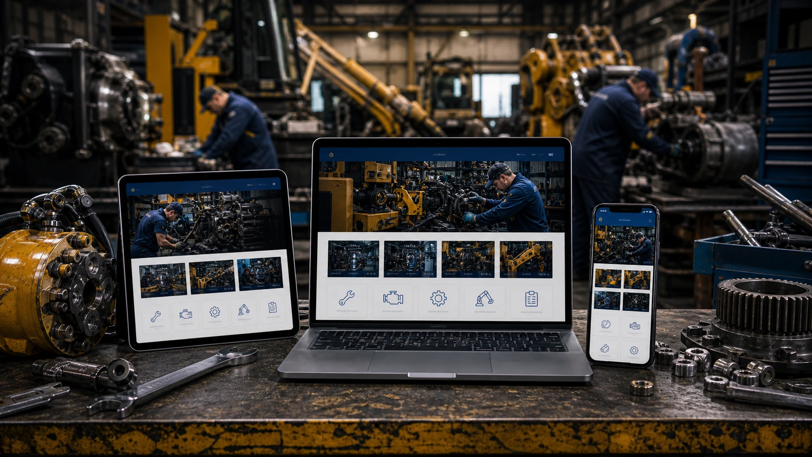 Mockup comercial premium para la sección hero de servicio de reparacion de maquinaria: computadora, tablet y teléfono mostrando una web del rubro, fondo realista del contexto.